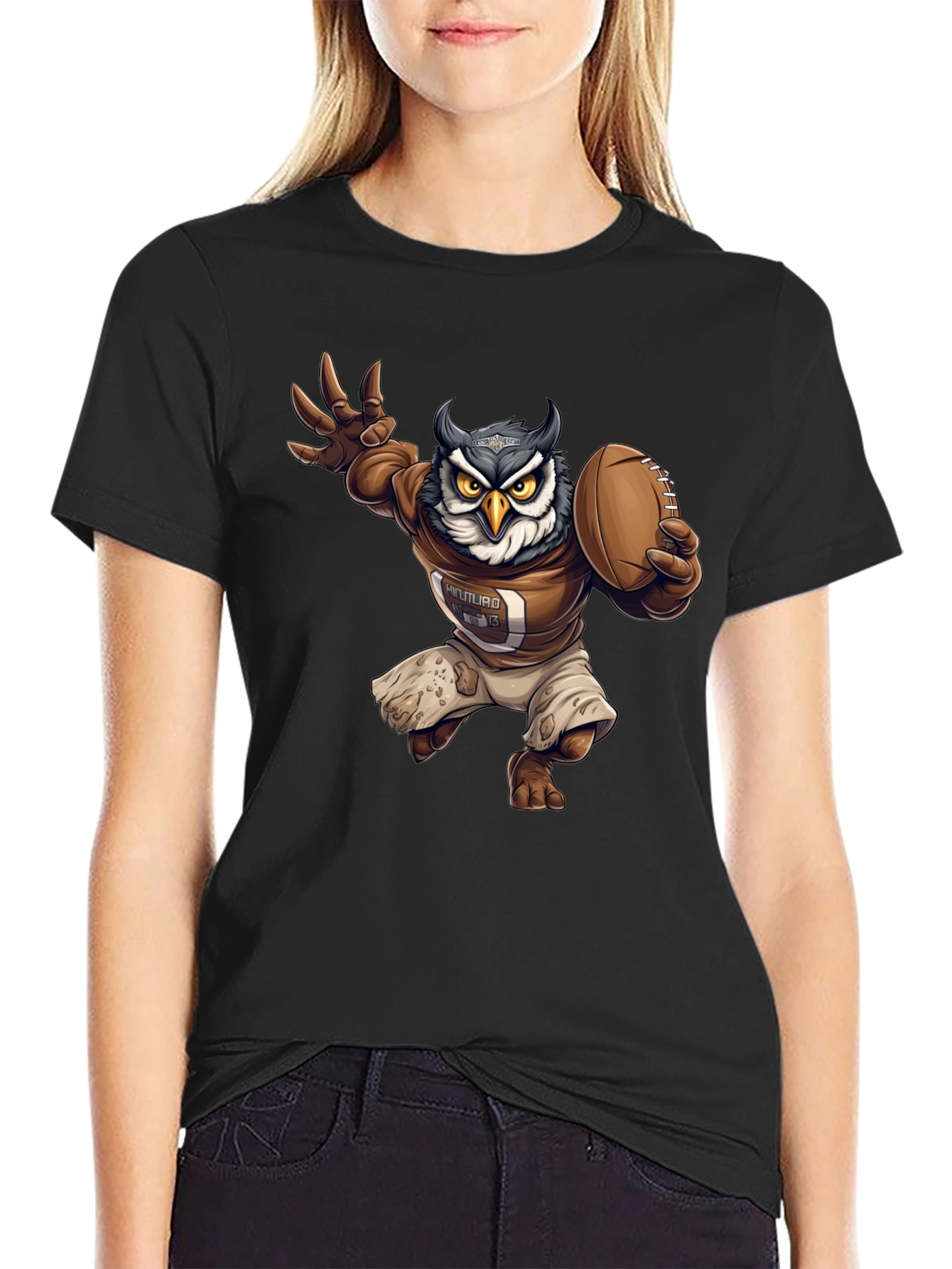 Black Football Owl Graphic T-Shirt view 2
