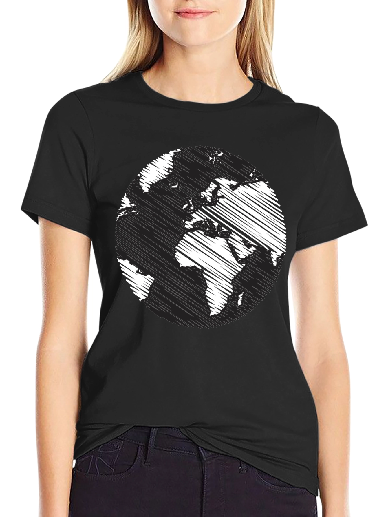 Black World Map Graphic T-Shirt - Black Crew Neck Tee view 2