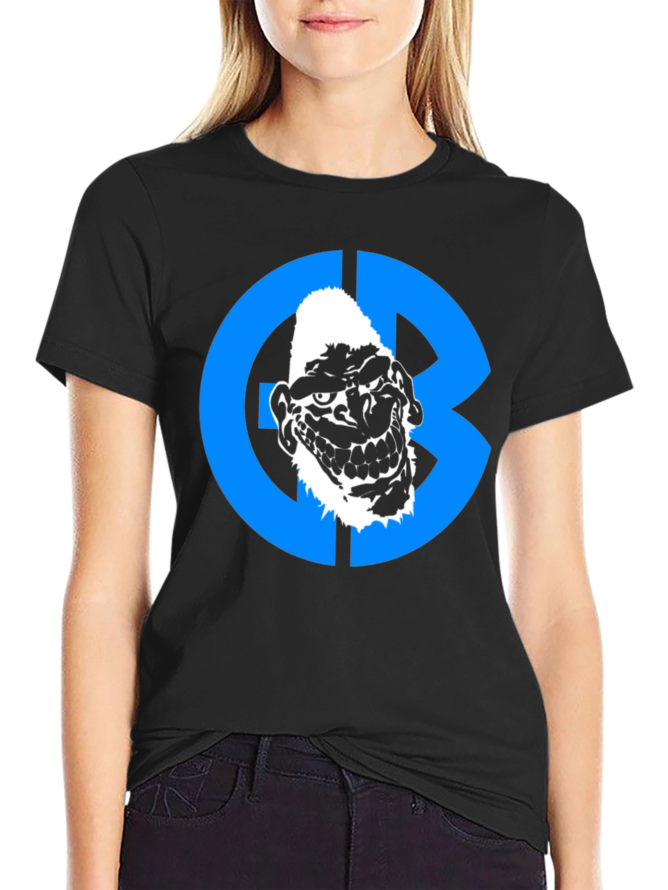 Black Graphic Tee: Grotesque Face in Blue Circle view 2