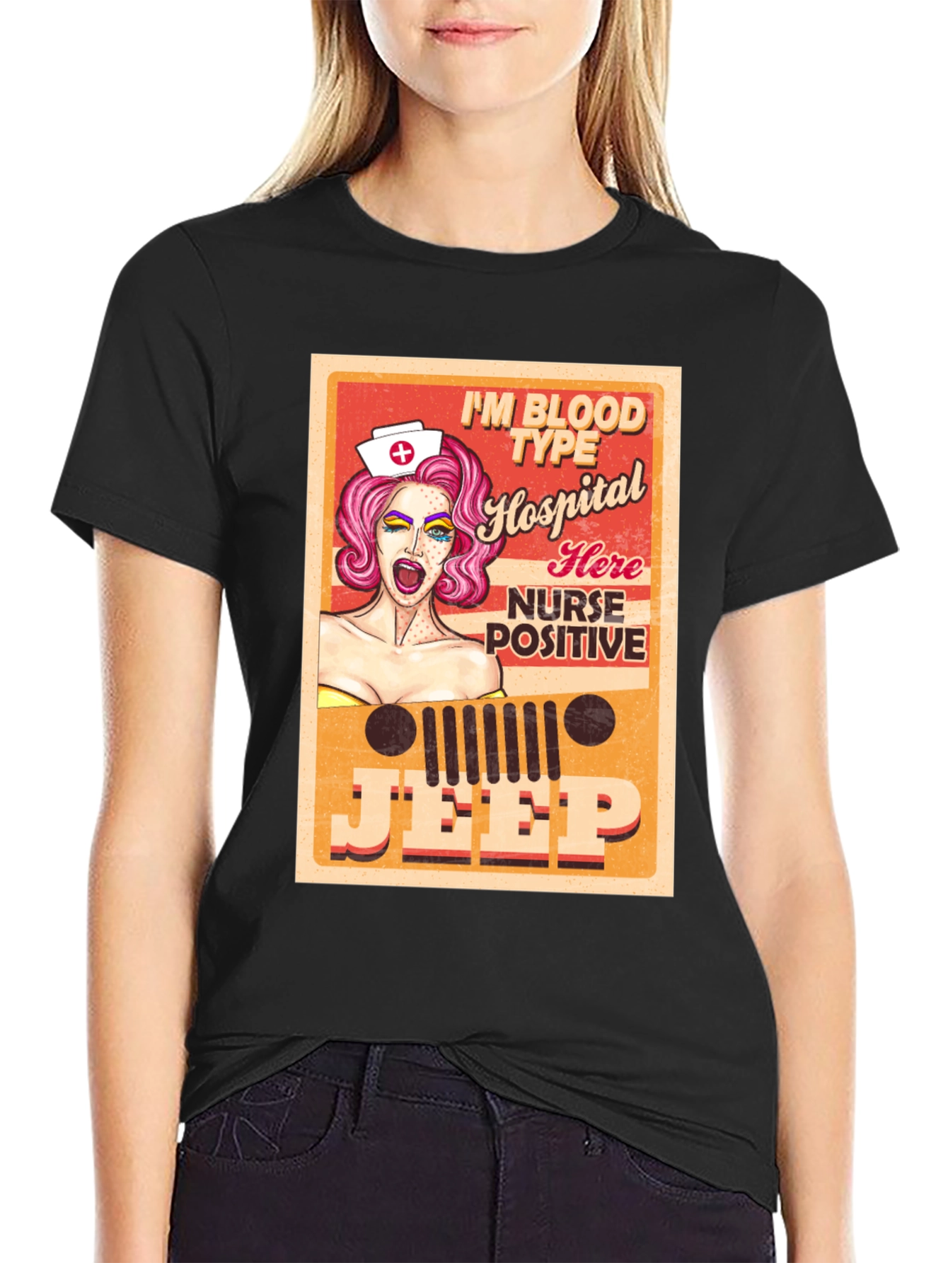 Black Nurse Jeep Graphic Tee - Blood Type Positive T-Shirt view 2