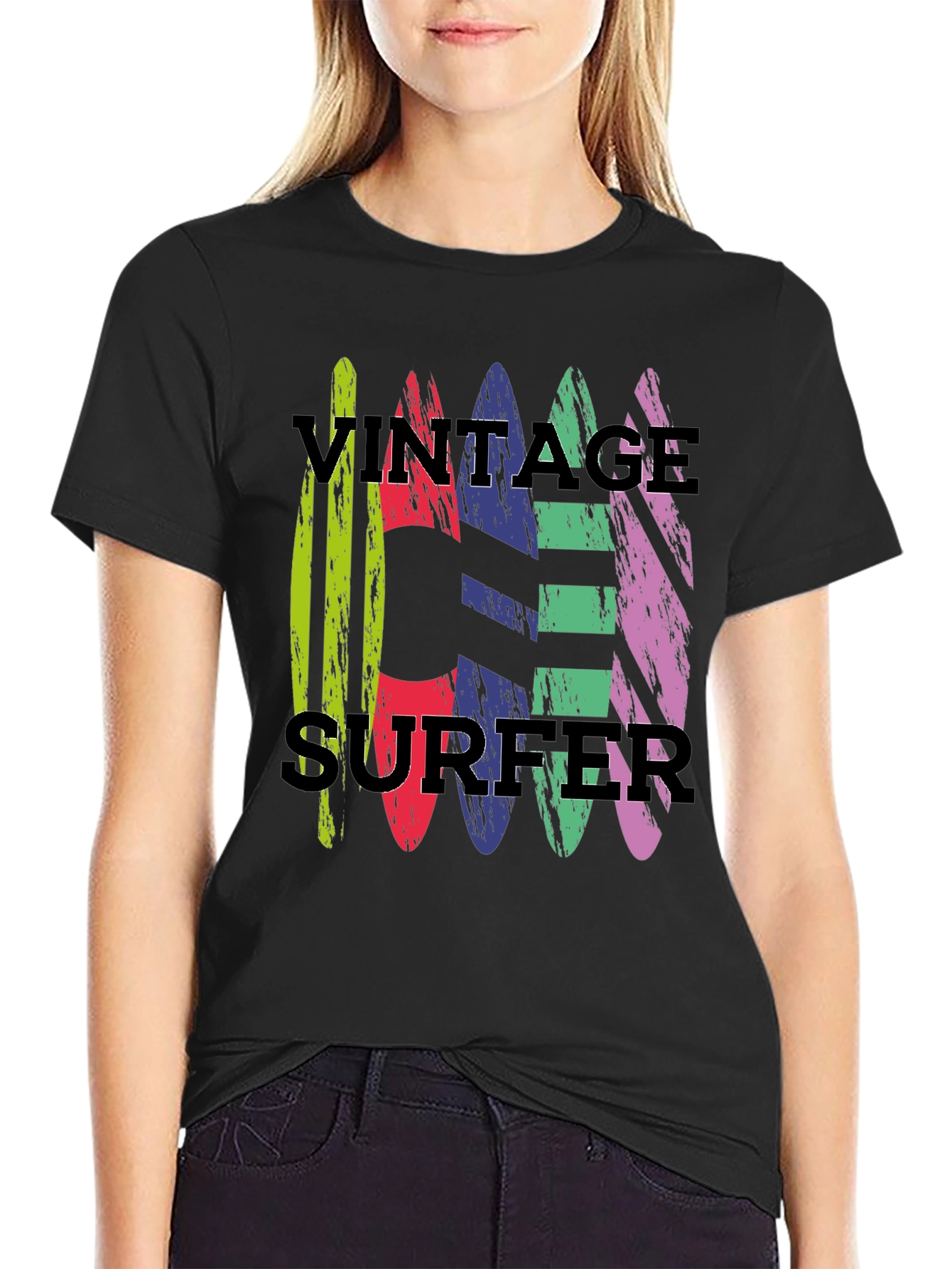 Black Vintage Surfer T-Shirt - Retro Surfboard Design view 2