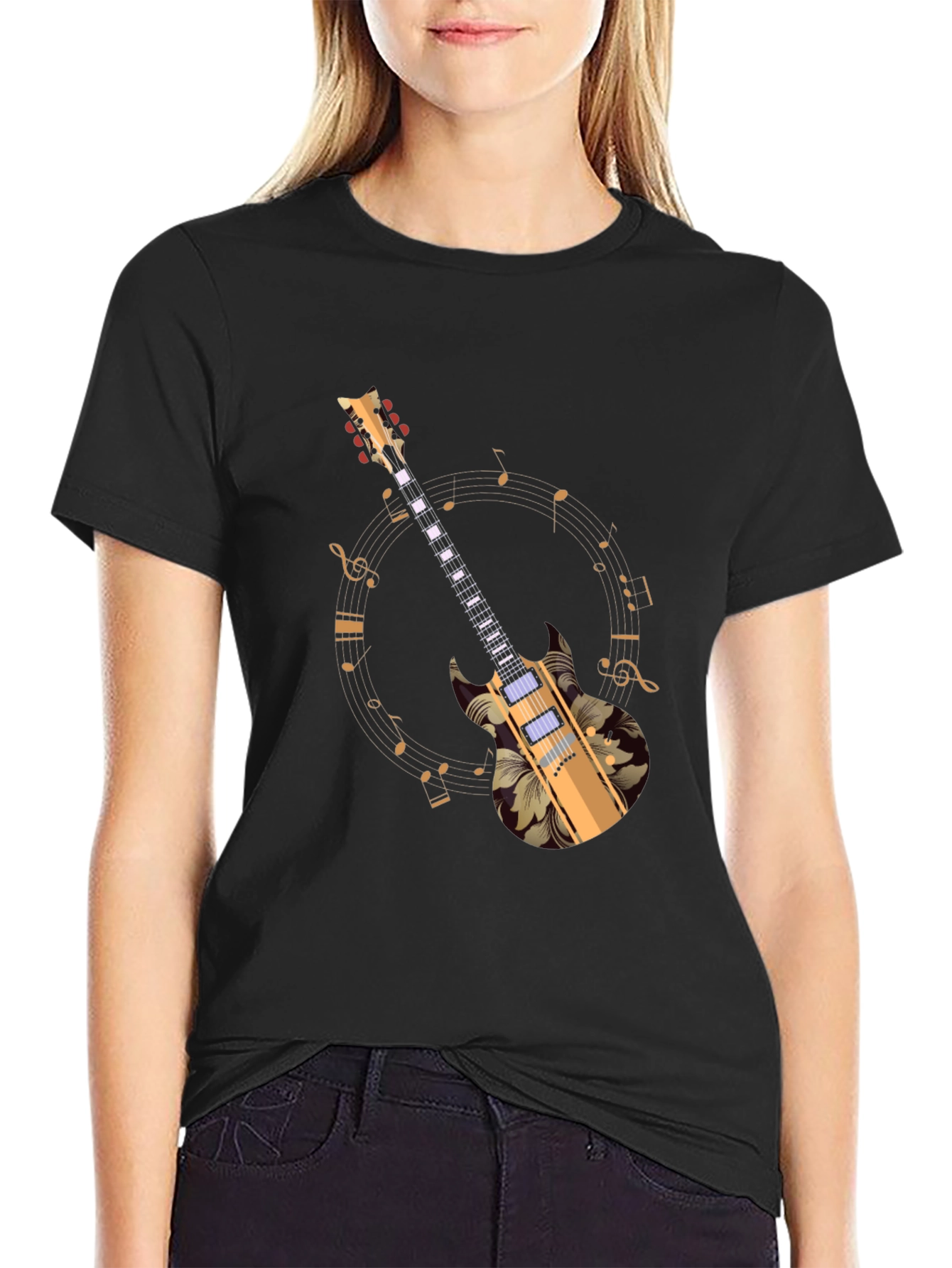 Black Floral Guitar Graphic Black Tee view 2