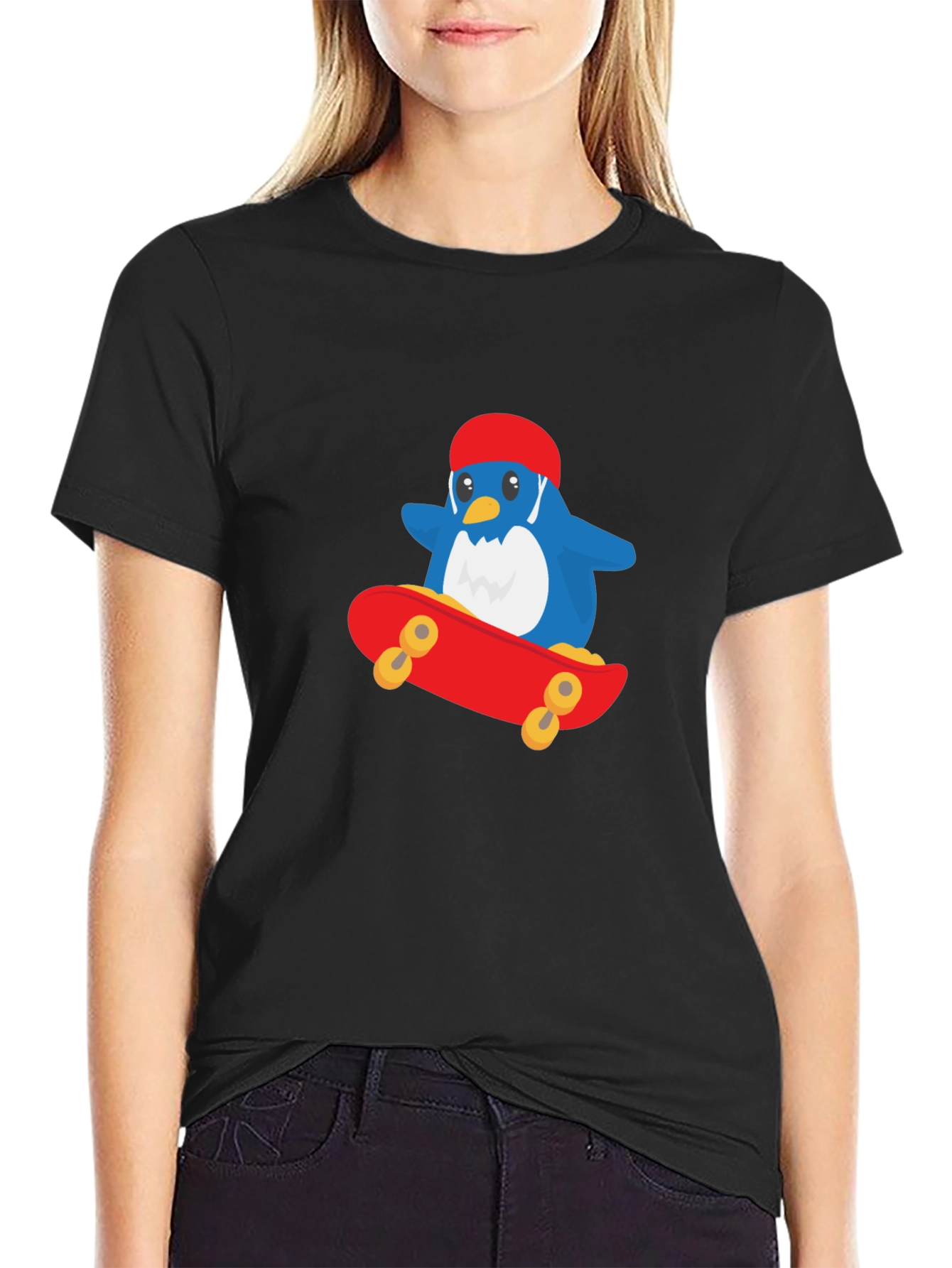 Black Cool Penguin Skateboard T-Shirt - Black view 2