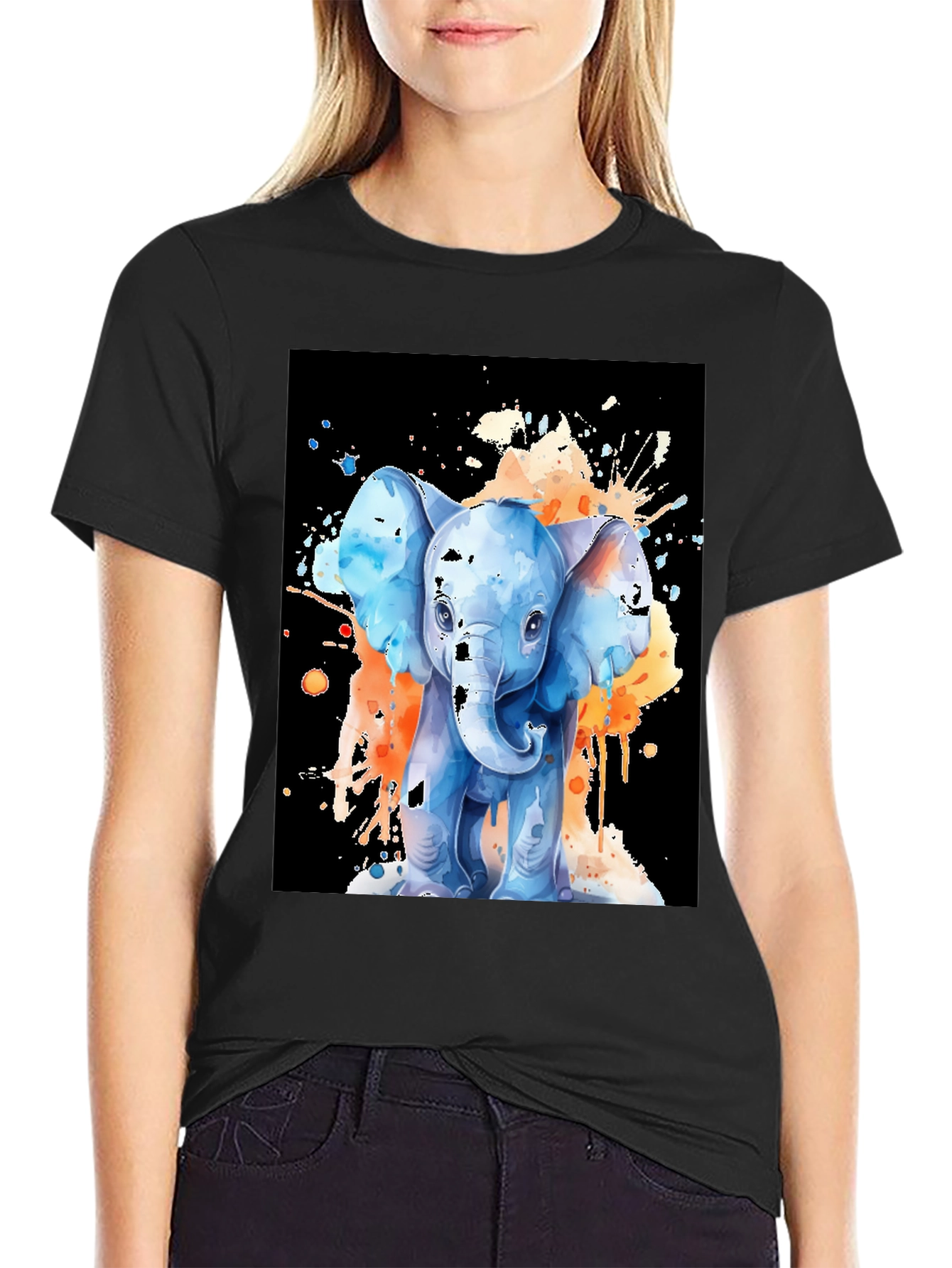 Black Watercolor Elephant Graphic Tee - Black view 2