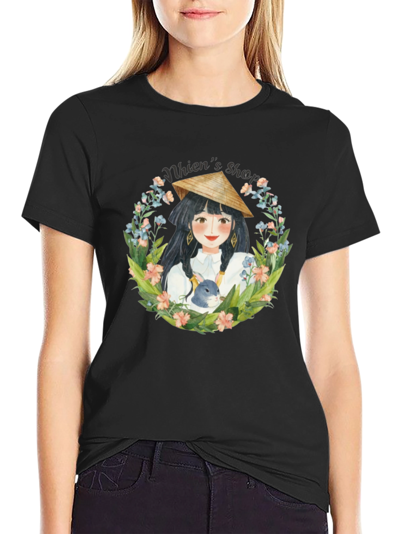 Black Whimsical Girl with Rabbit Black T-Shirt view 2