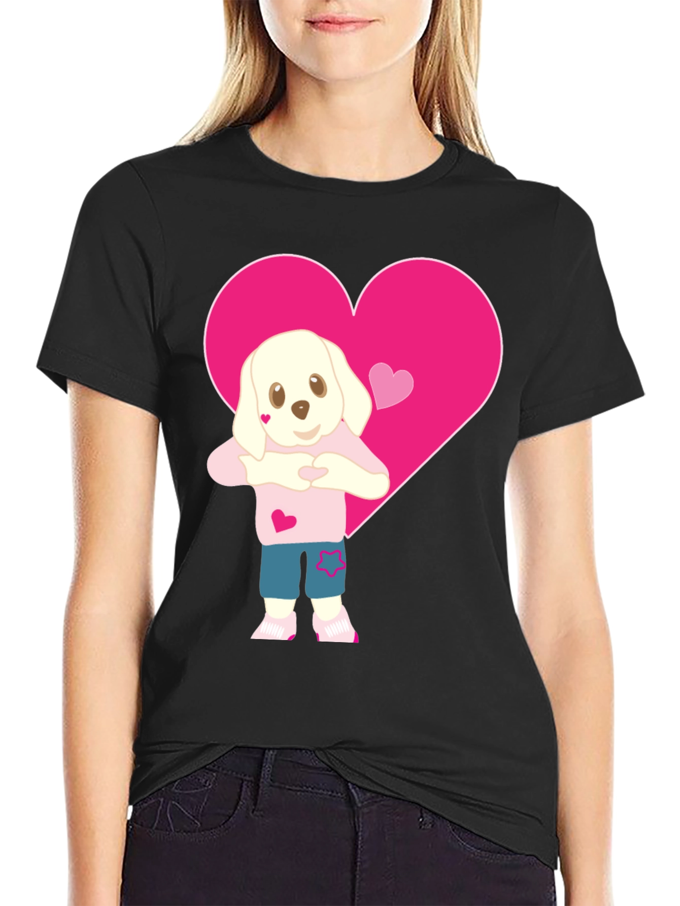Black Cute Dog Heart Valentine's T-Shirt - Soft Cotton Blend view 2