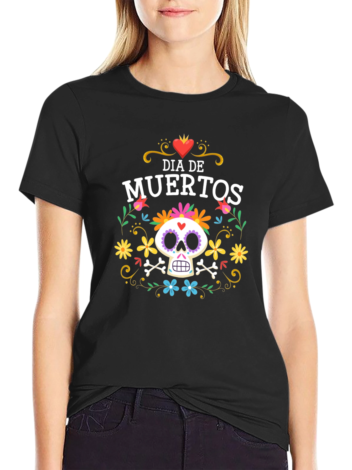 Black Dia De Muertos Graphic T-Shirt - Black Crew Neck view 2