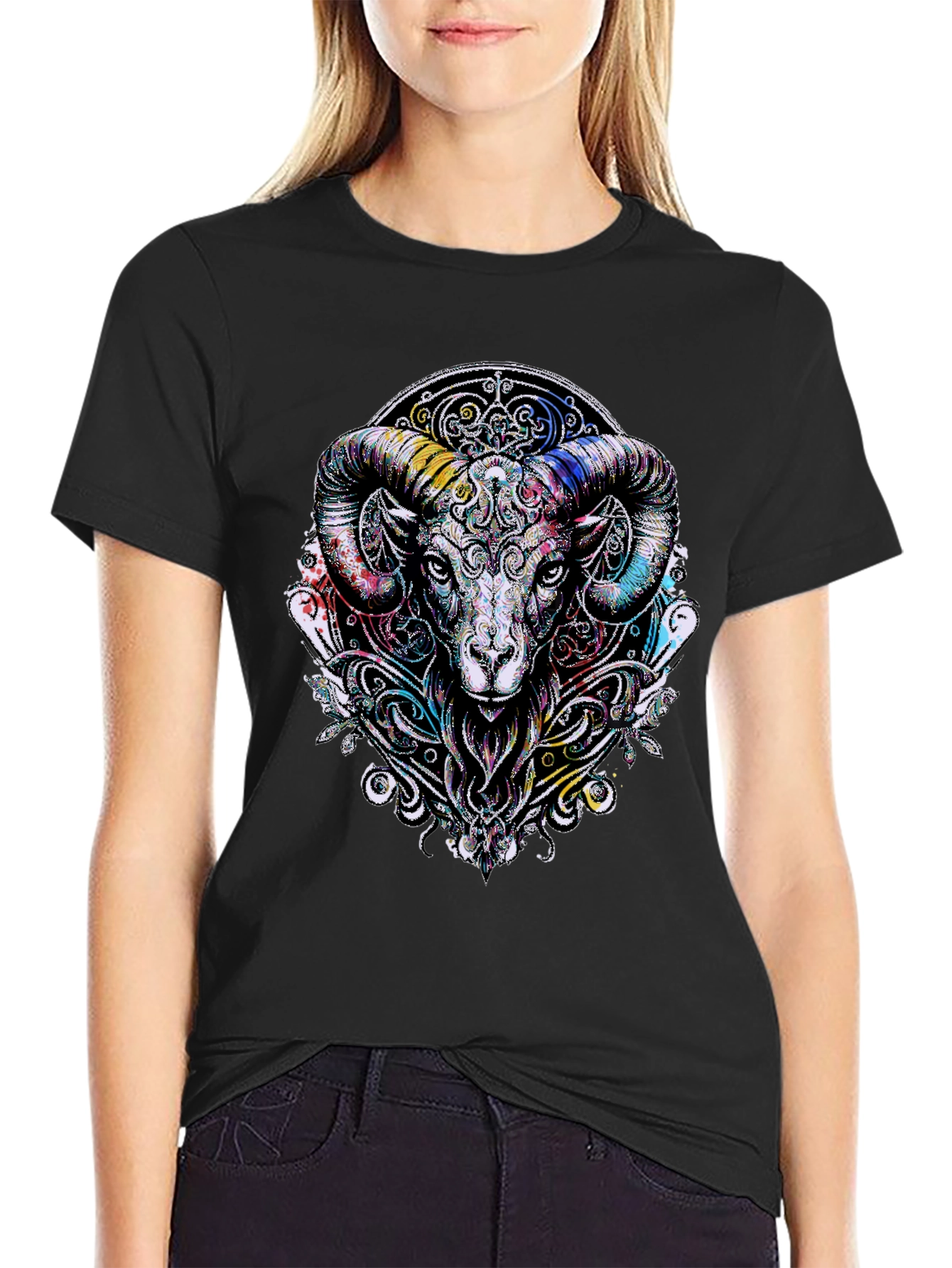 Black Aries Ram Graphic Black T-Shirt view 2