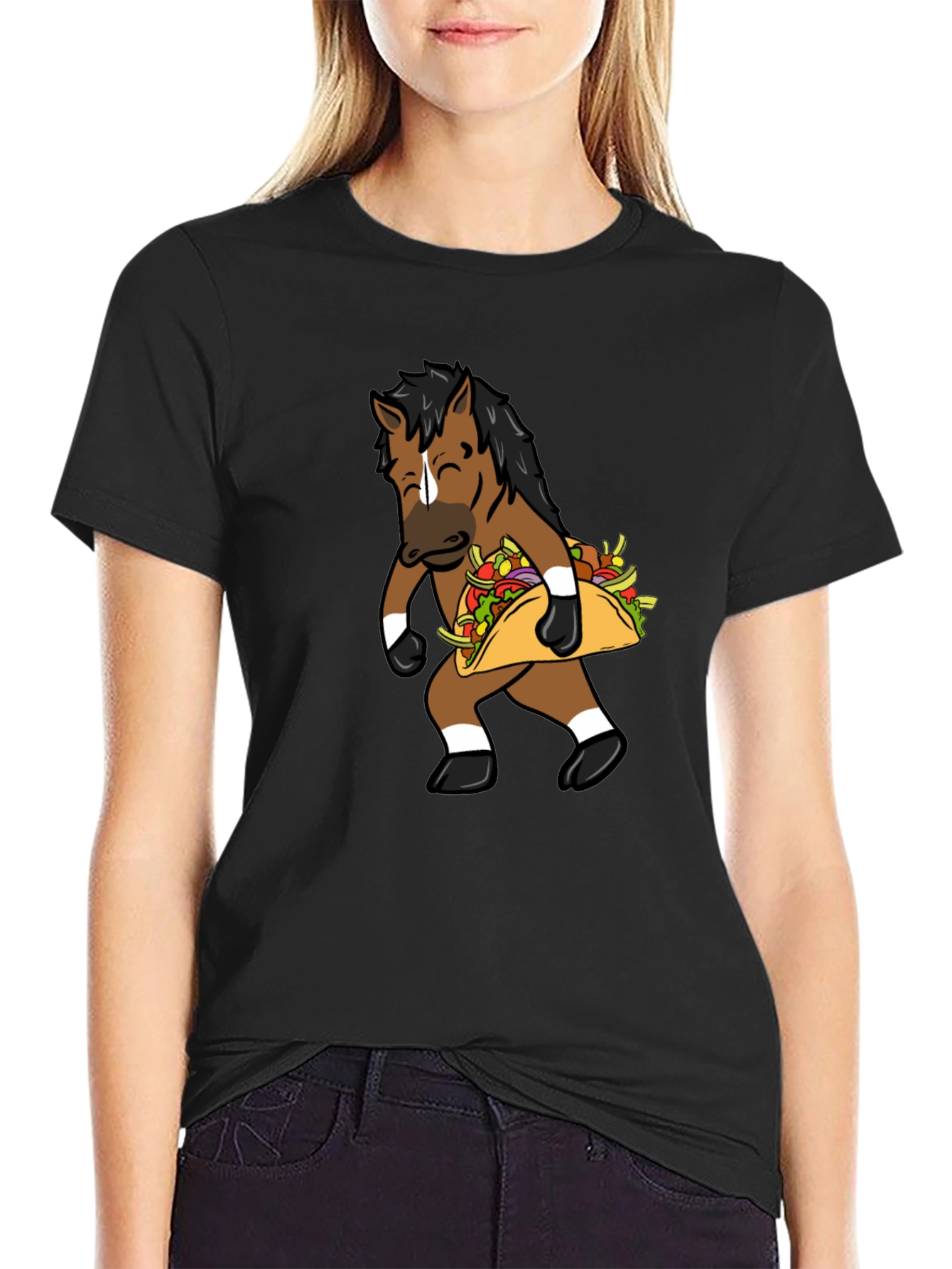 Black Funny Horse Taco Graphic Tee - Black Cotton T-Shirt view 2