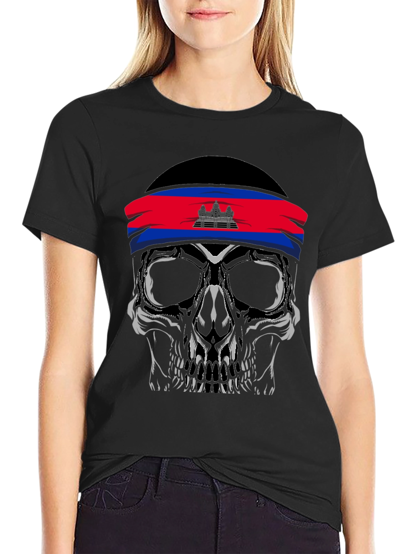 Skull T-Shirt Cambodia Flag Headband - 2