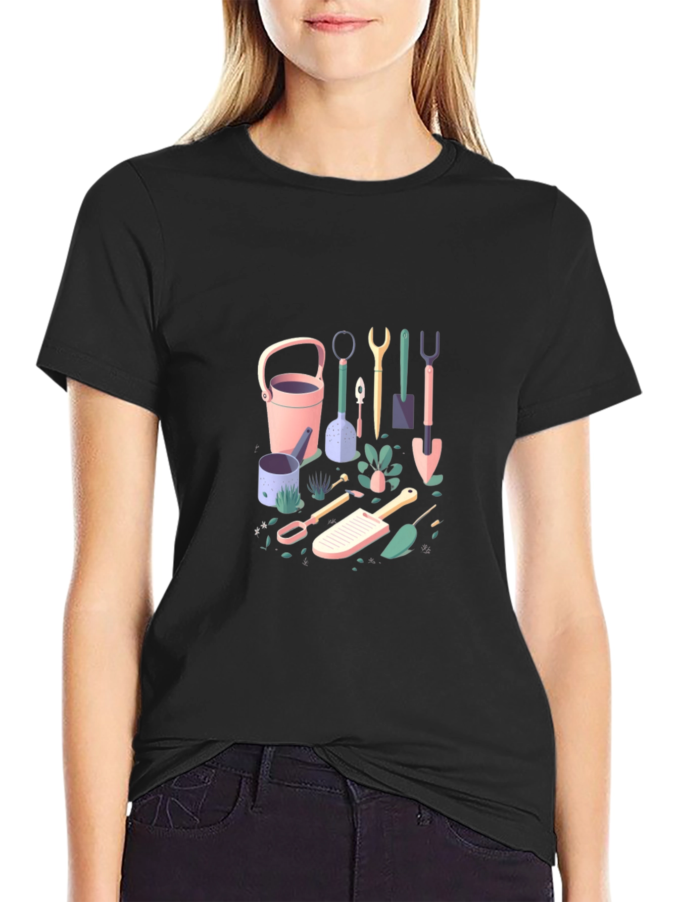 Black Gardening Tools T-Shirt - Black Cotton Tee view 2