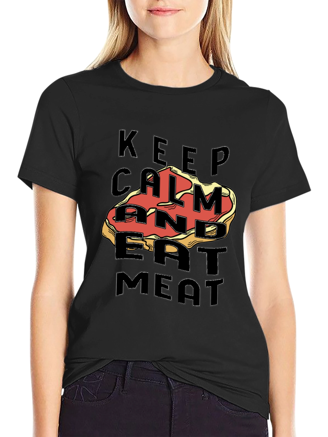 Black Keep Calm & Eat Meat Graphic Tee - Premium Black T-Shirt view 2