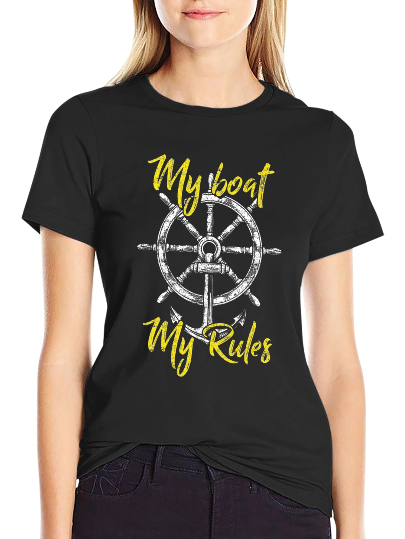 Black My Boat My Rules Black Cotton T-Shirt view 2
