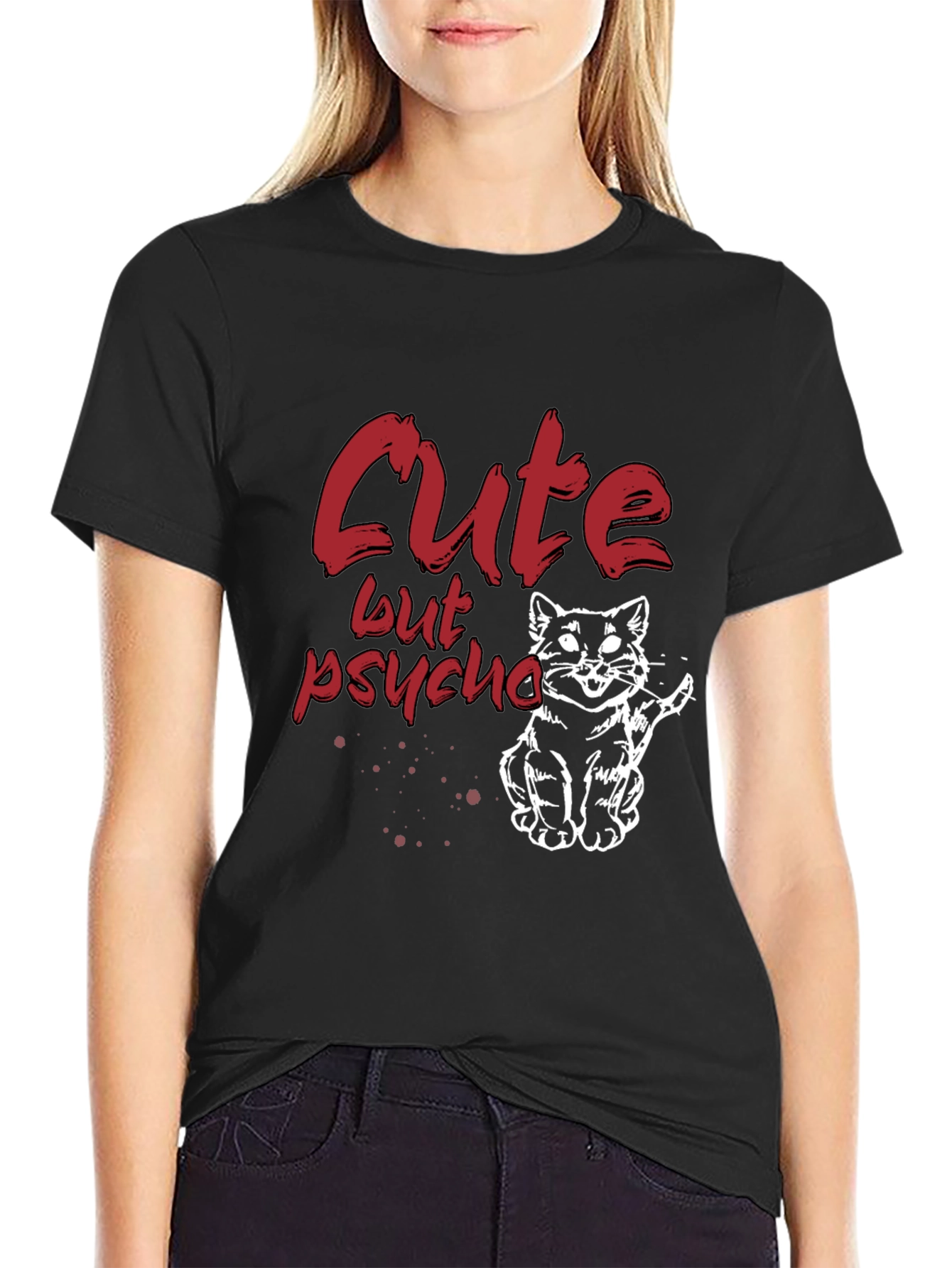 Black Cute But Psycho Cat Graphic T-Shirt - Black view 2