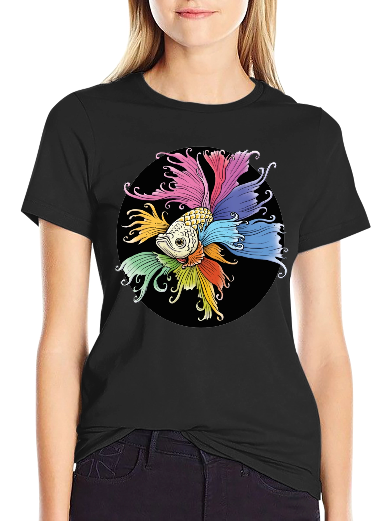 Black Colorful Betta Fish Graphic T-Shirt view 2