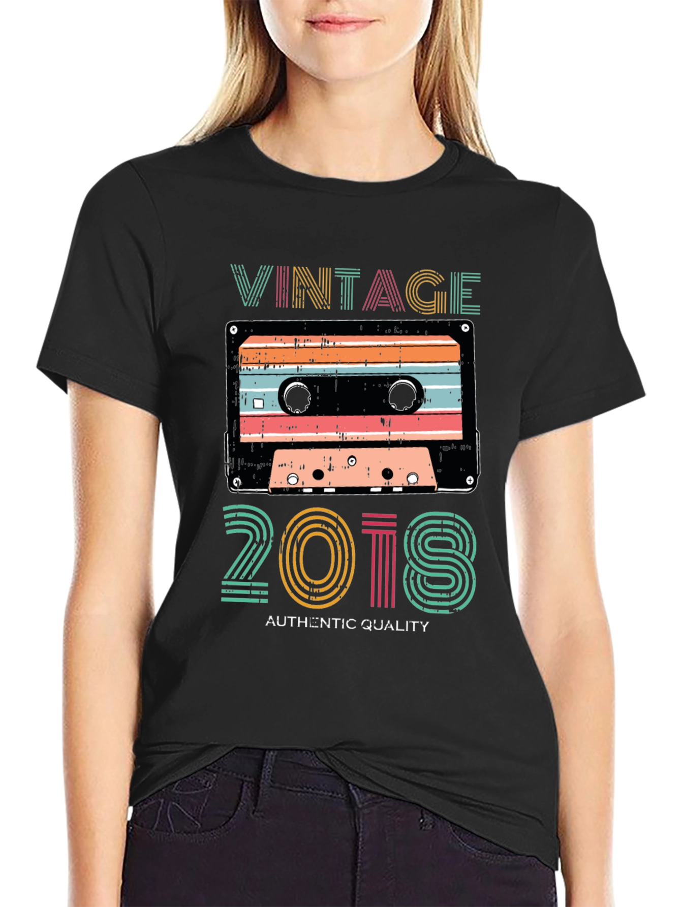 Black Vintage 2018 Cassette Tape Graphic T-Shirt view 2