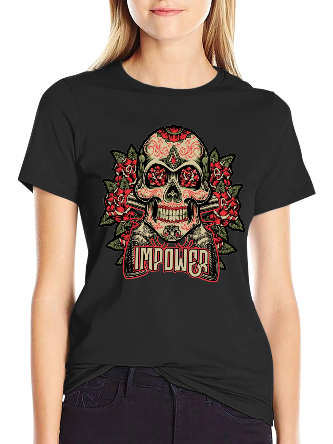 Black Skull & Roses Graphic T-Shirt - Empower Your Style view 2