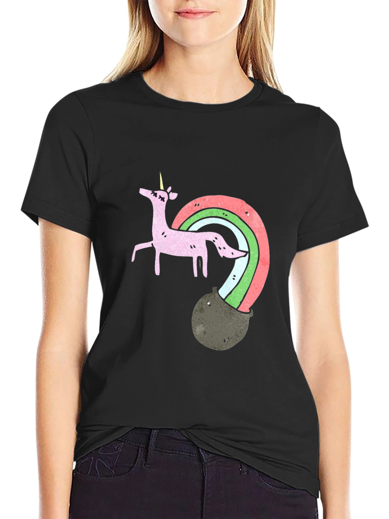 Black Unicorn Rainbow Pot T-Shirt view 2
