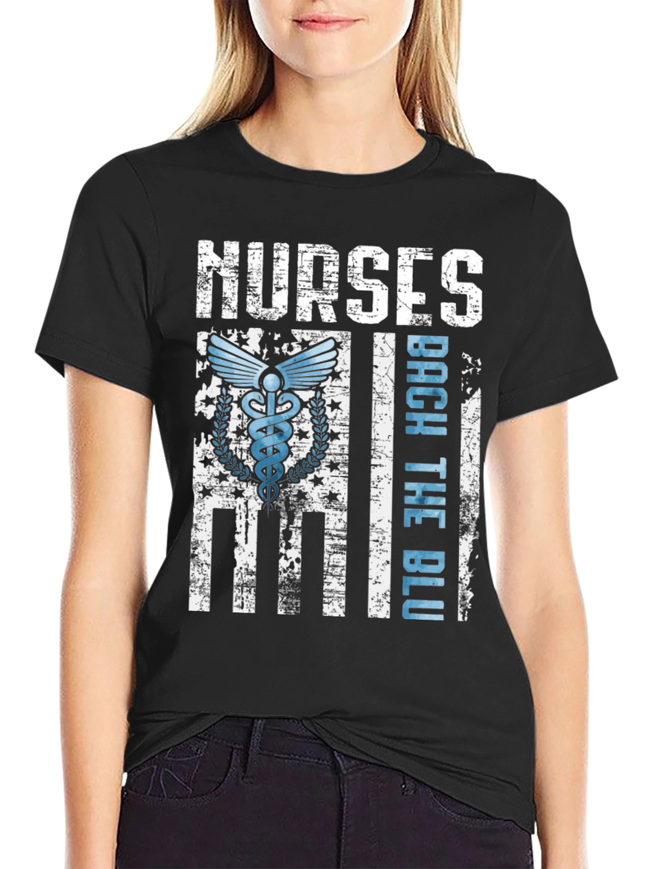 Black Nurses Back The Blue T-Shirt - Healthcare Support Apparel view 2