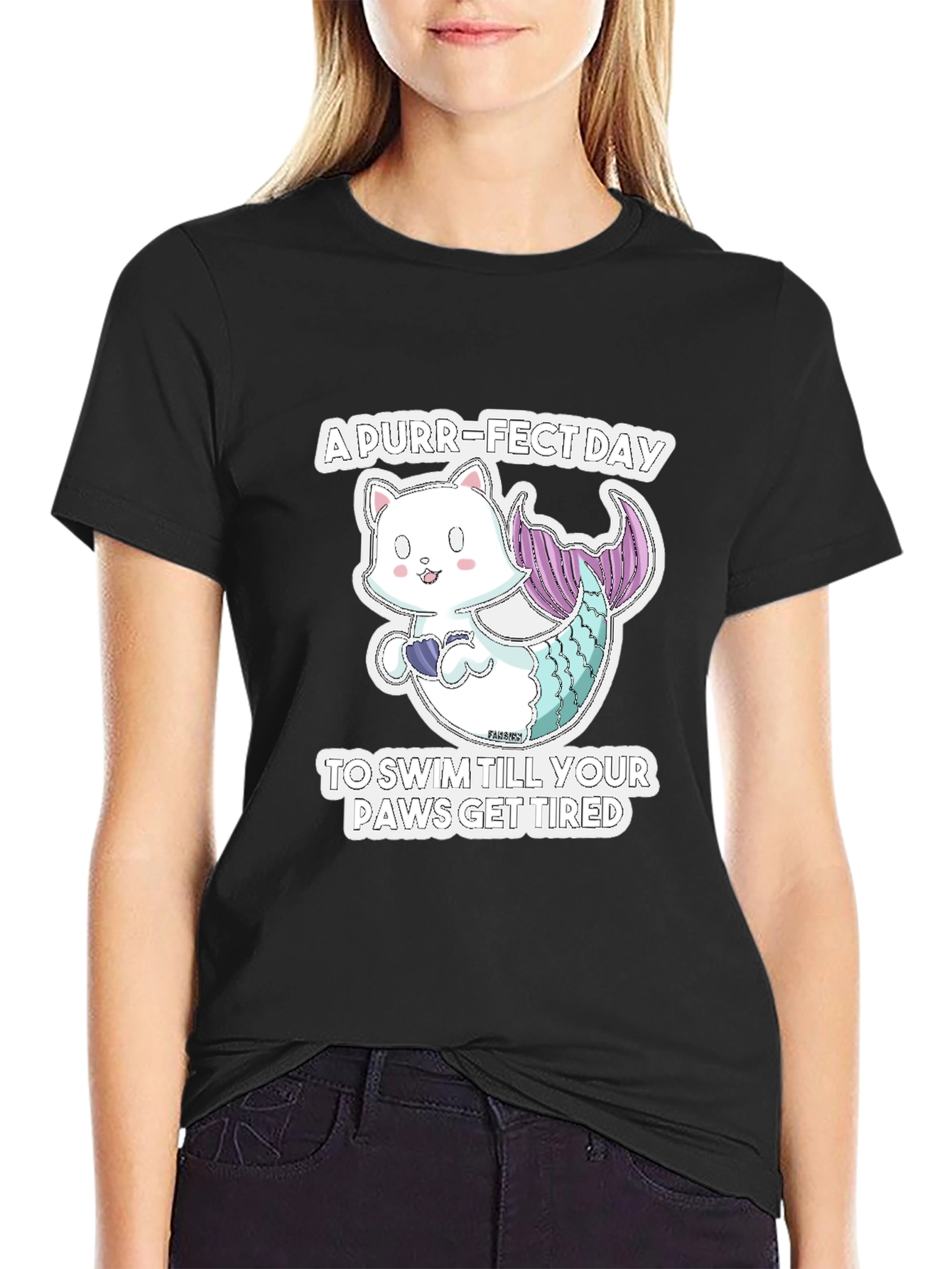 Black Purr-Fect Day Cat Mermaid Graphic Tee view 2