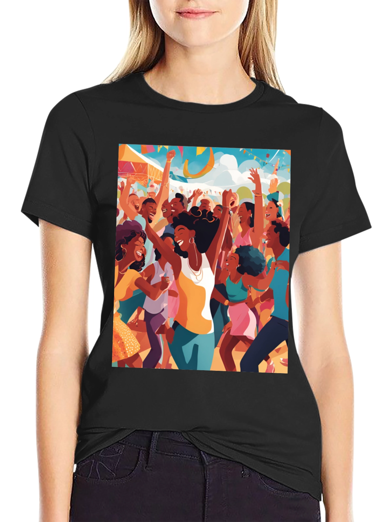 Black Festive Crowd Graphic Tee - Black Cotton Comfort view 2