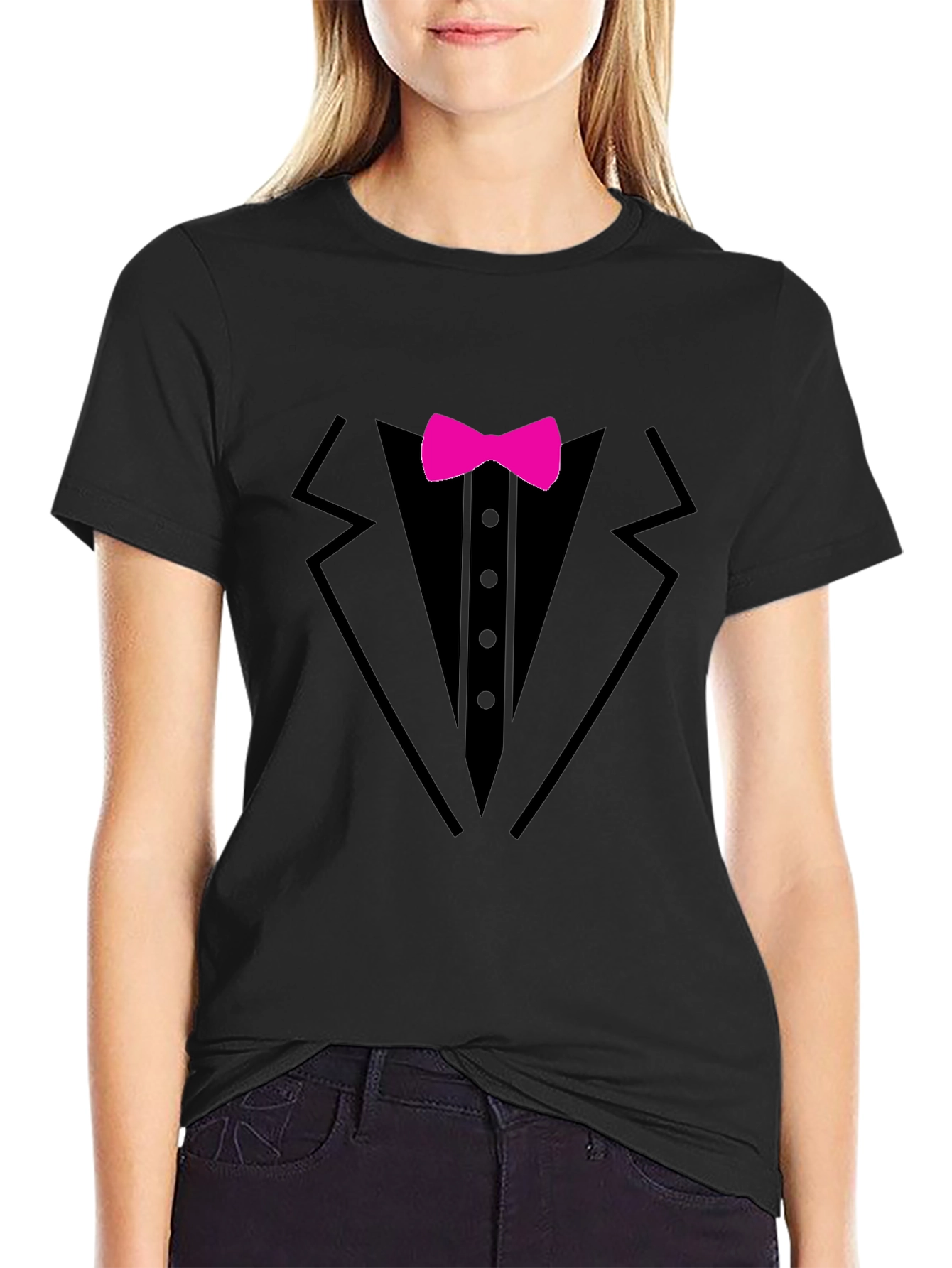 Black Tuxedo T-Shirt with Pink Bow Tie - Fun Formal Wear view 2