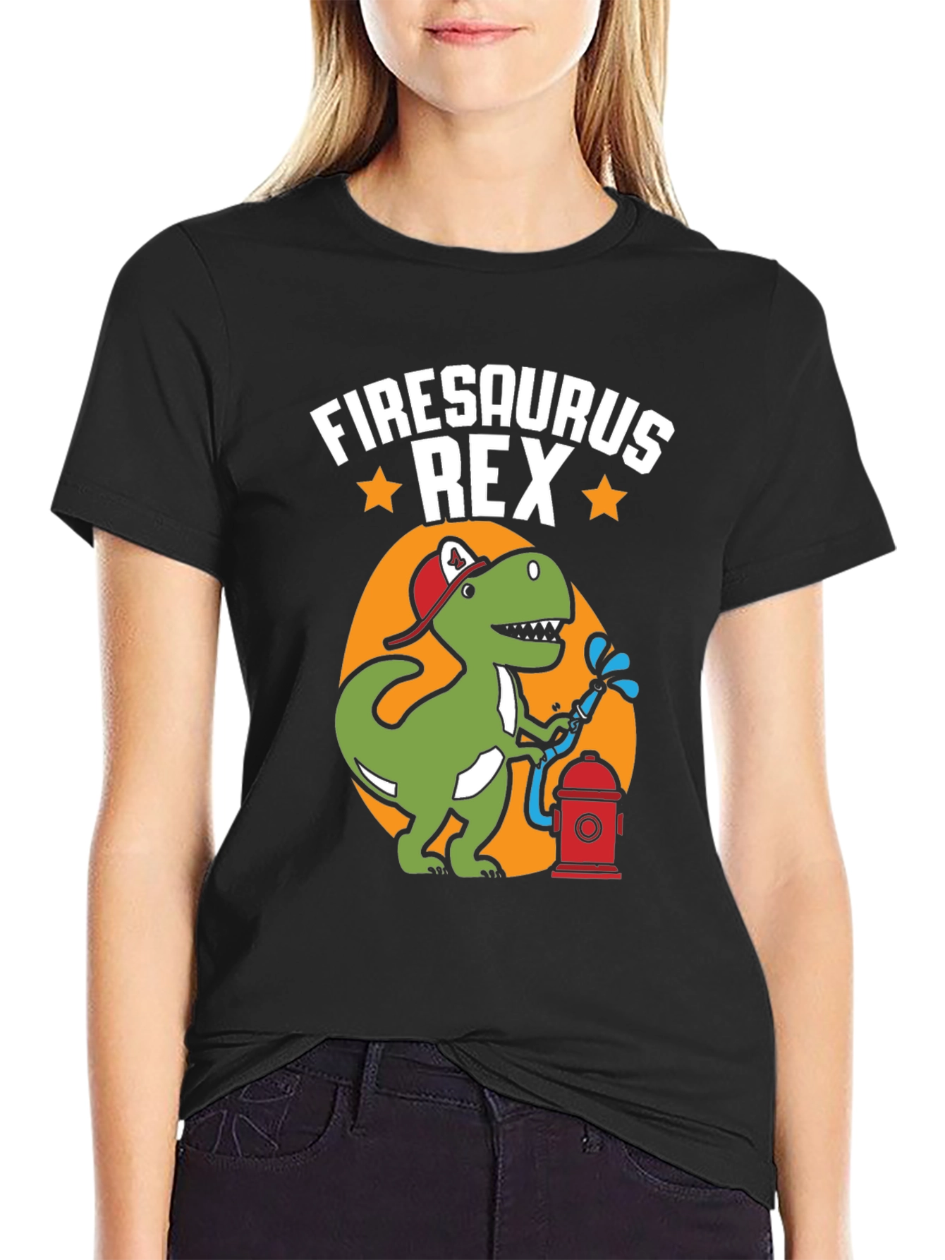 Black Firesaurus Rex Graphic Tee - Firefighter Dinosaur T-Shirt view 2