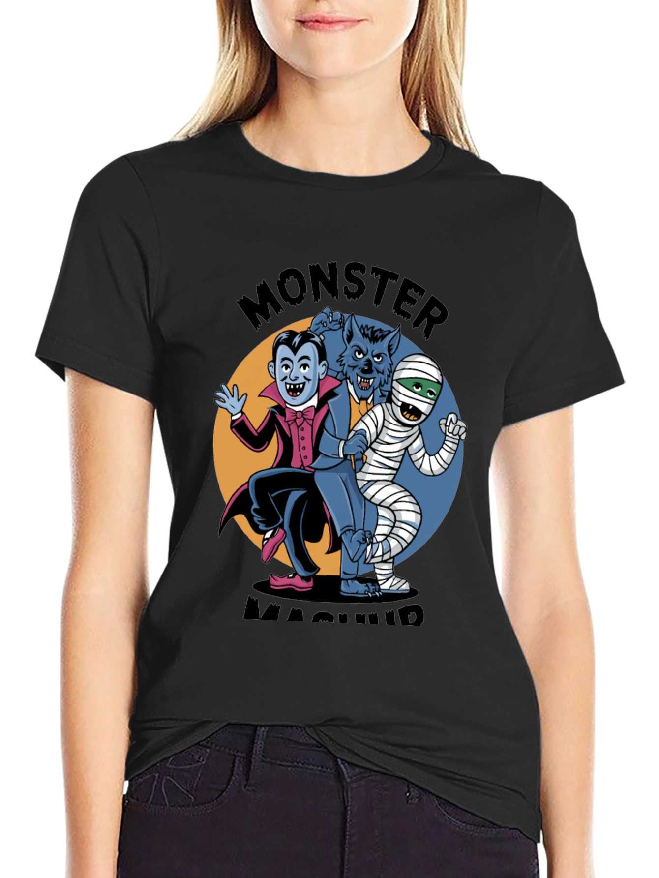 Black Monster Mash T-Shirt: Classic Horror Character Design view 2