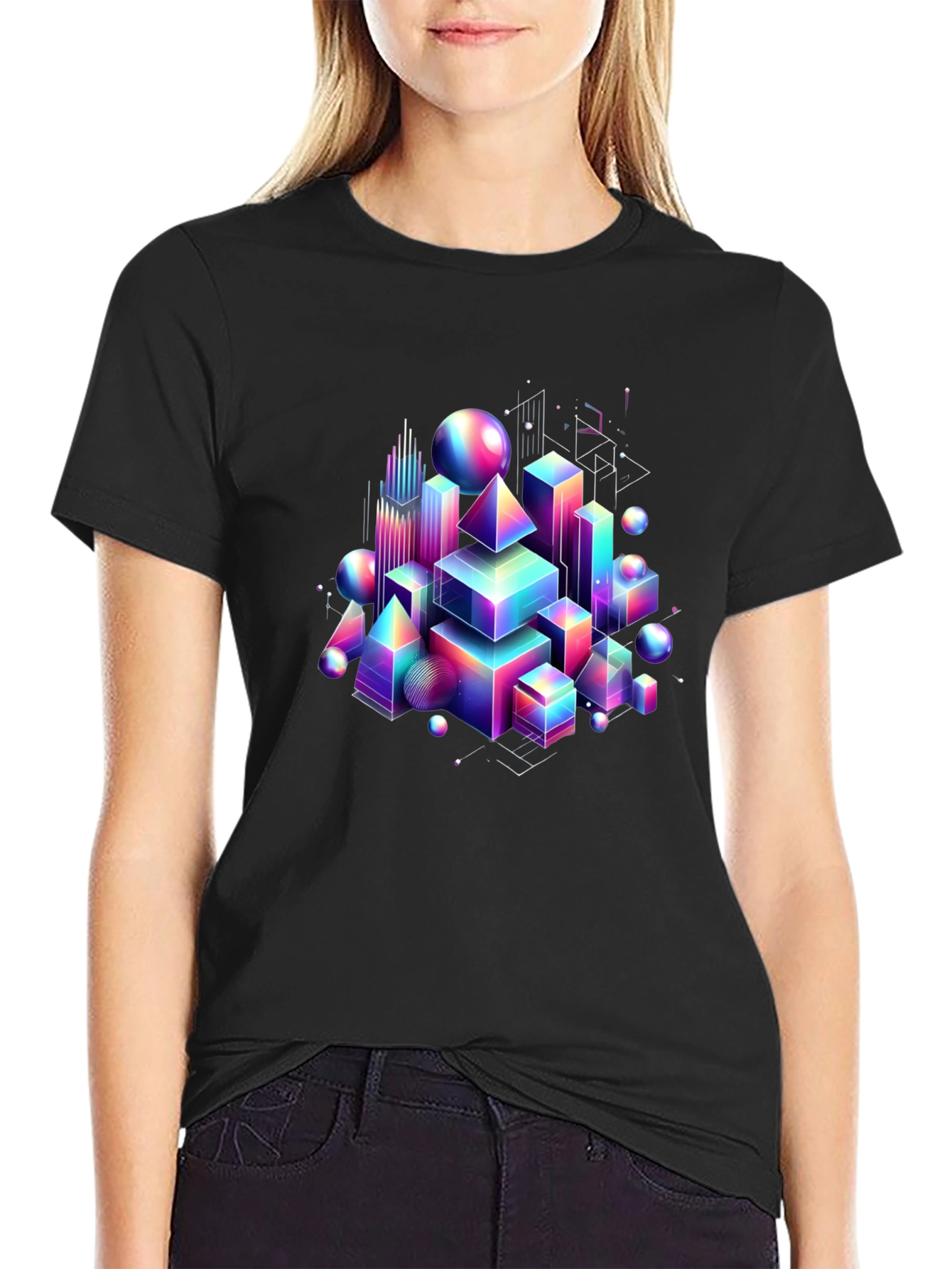 Black Geometric Rainbow T-Shirt - Modern Art Tee view 2
