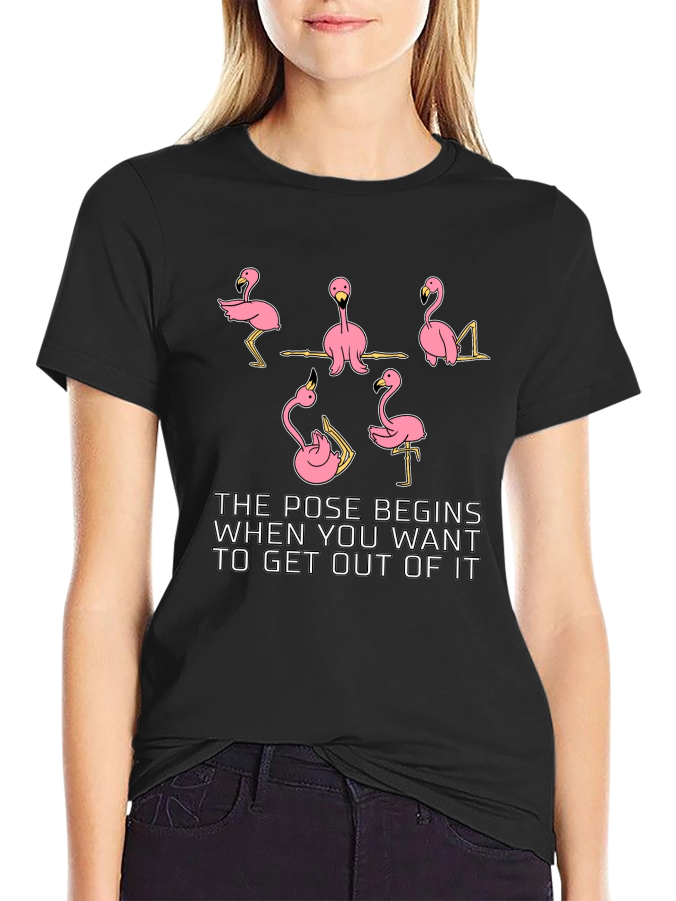 Black Funny Flamingo Yoga Pose Black T-Shirt view 2