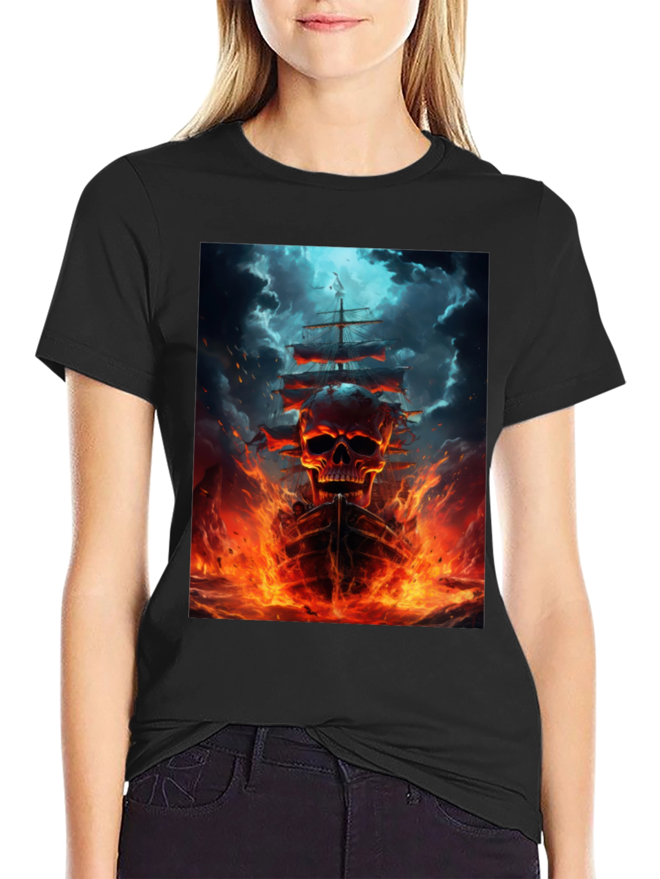 Black Skull Ship Graphic Black T-Shirt view 2