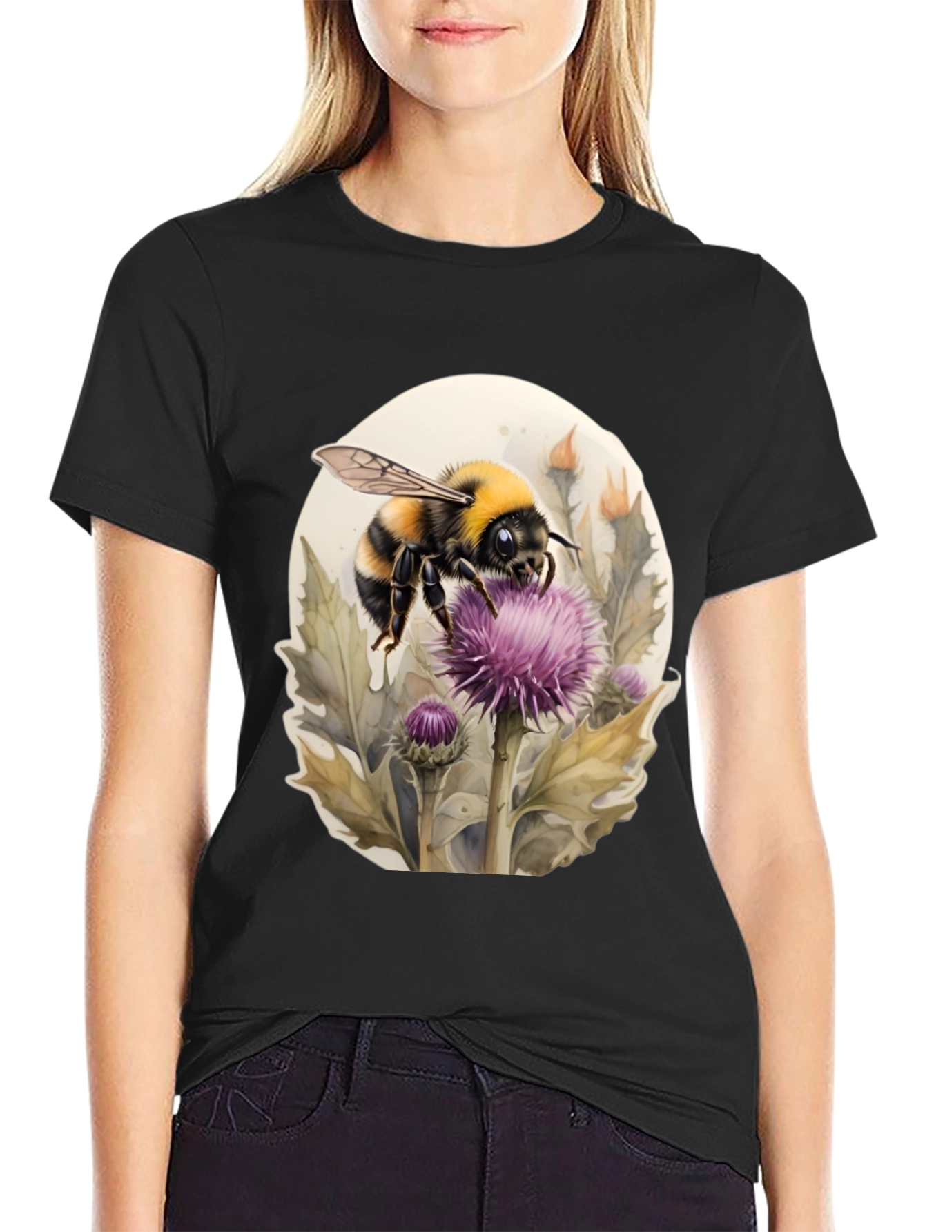 Black Bumble Bee on Thistle Black T-Shirt view 2