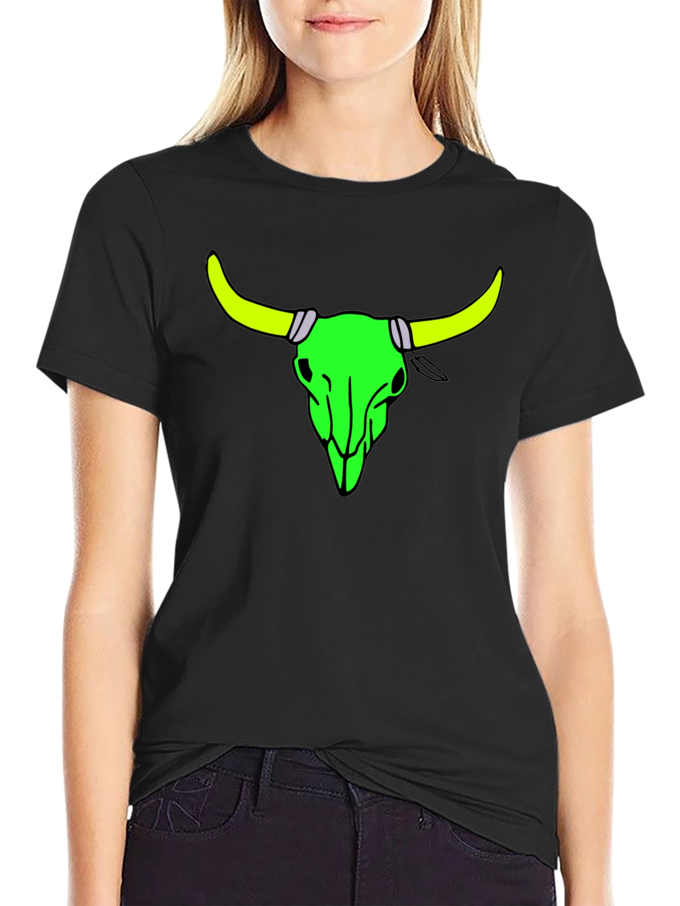 Black Neon Bull Skull Graphic Tee - Bold Black Cotton Shirt view 2