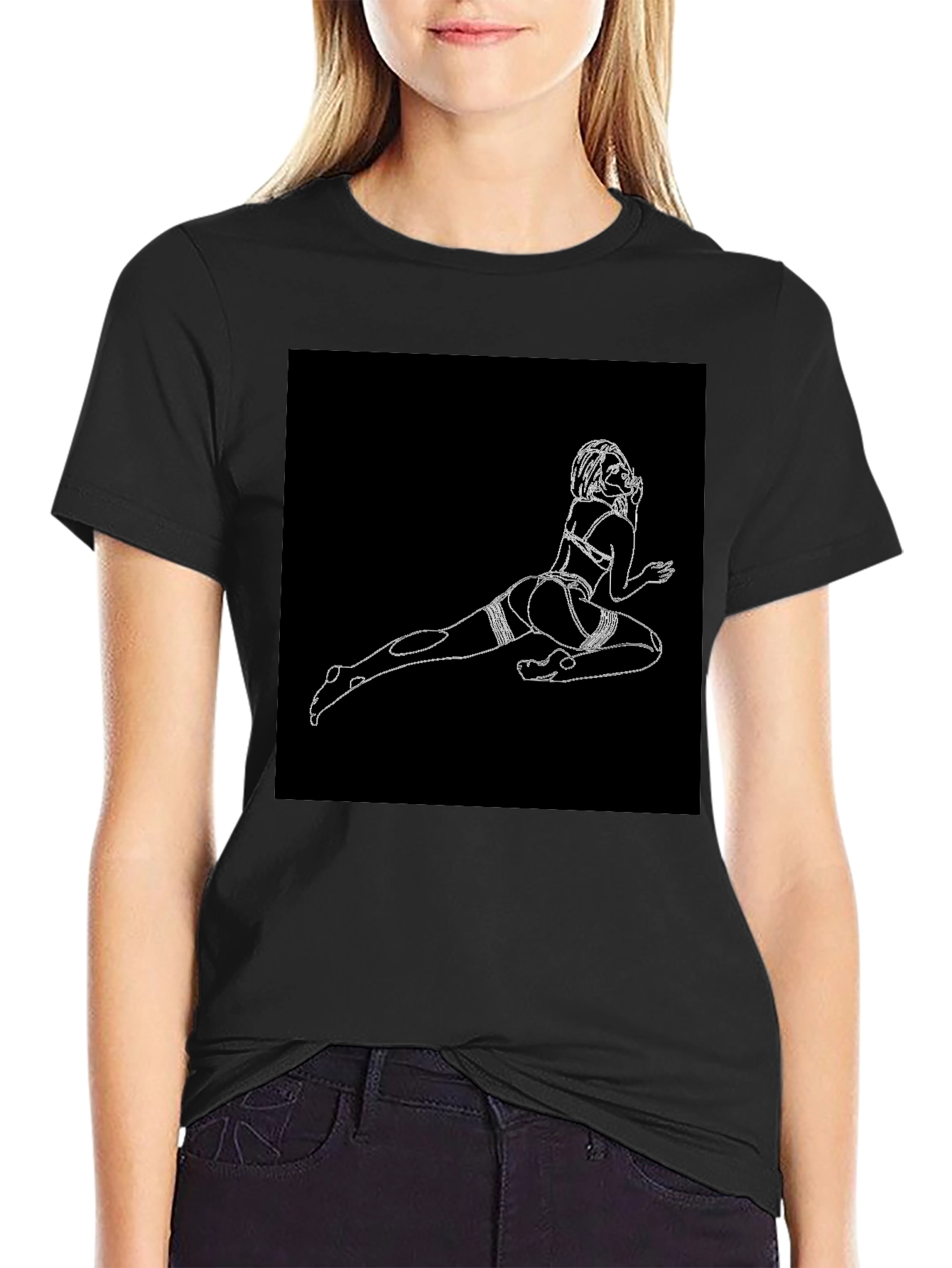 Black Black T-Shirt with Risque Line Art view 2