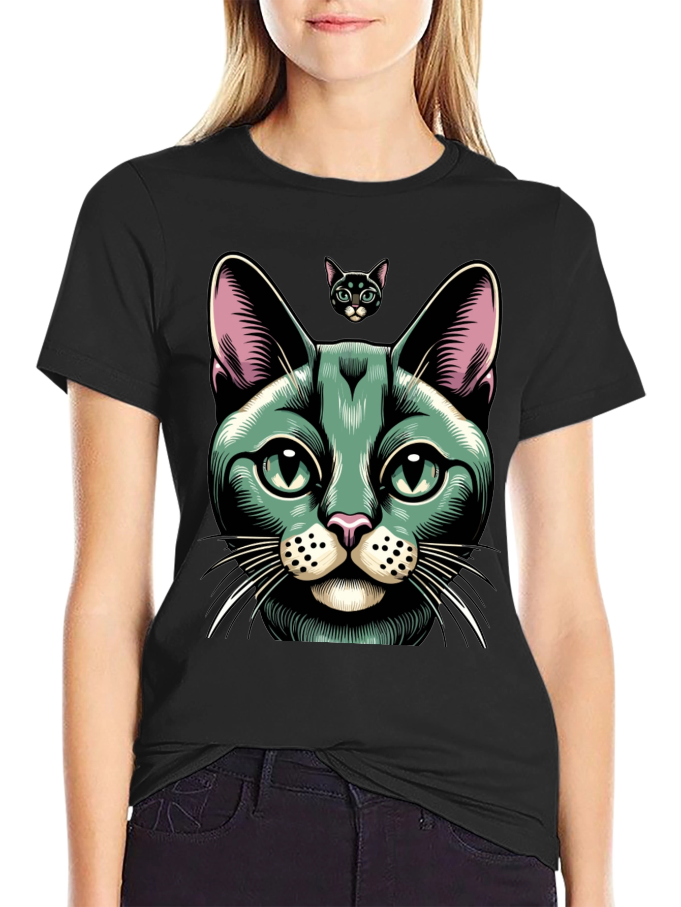 Black Cool Cat Graphic Tee - Black Cotton Blend view 2