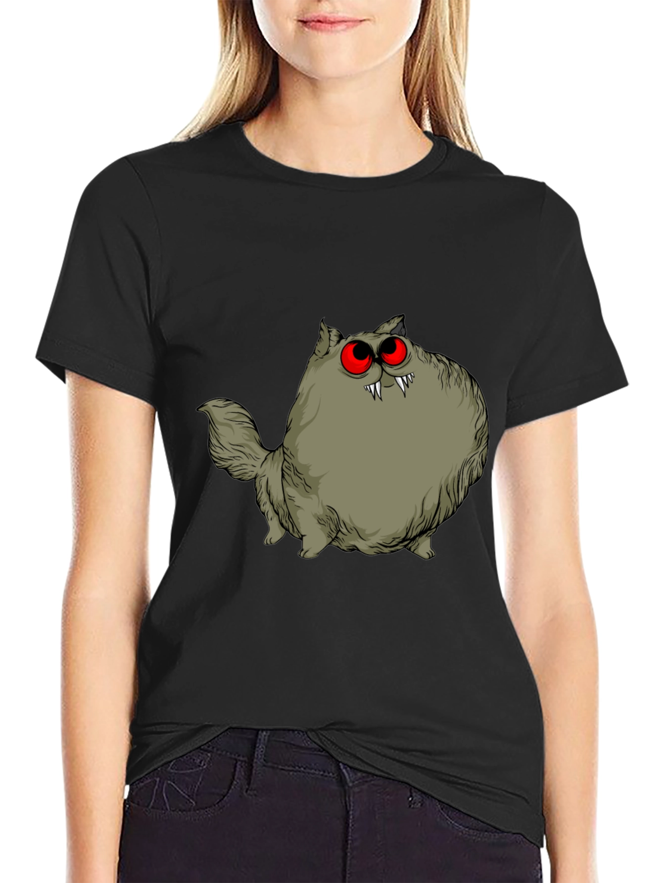 Black Creepy Cat Graphic Tee - Red Eyes, Fangs, Unique view 2