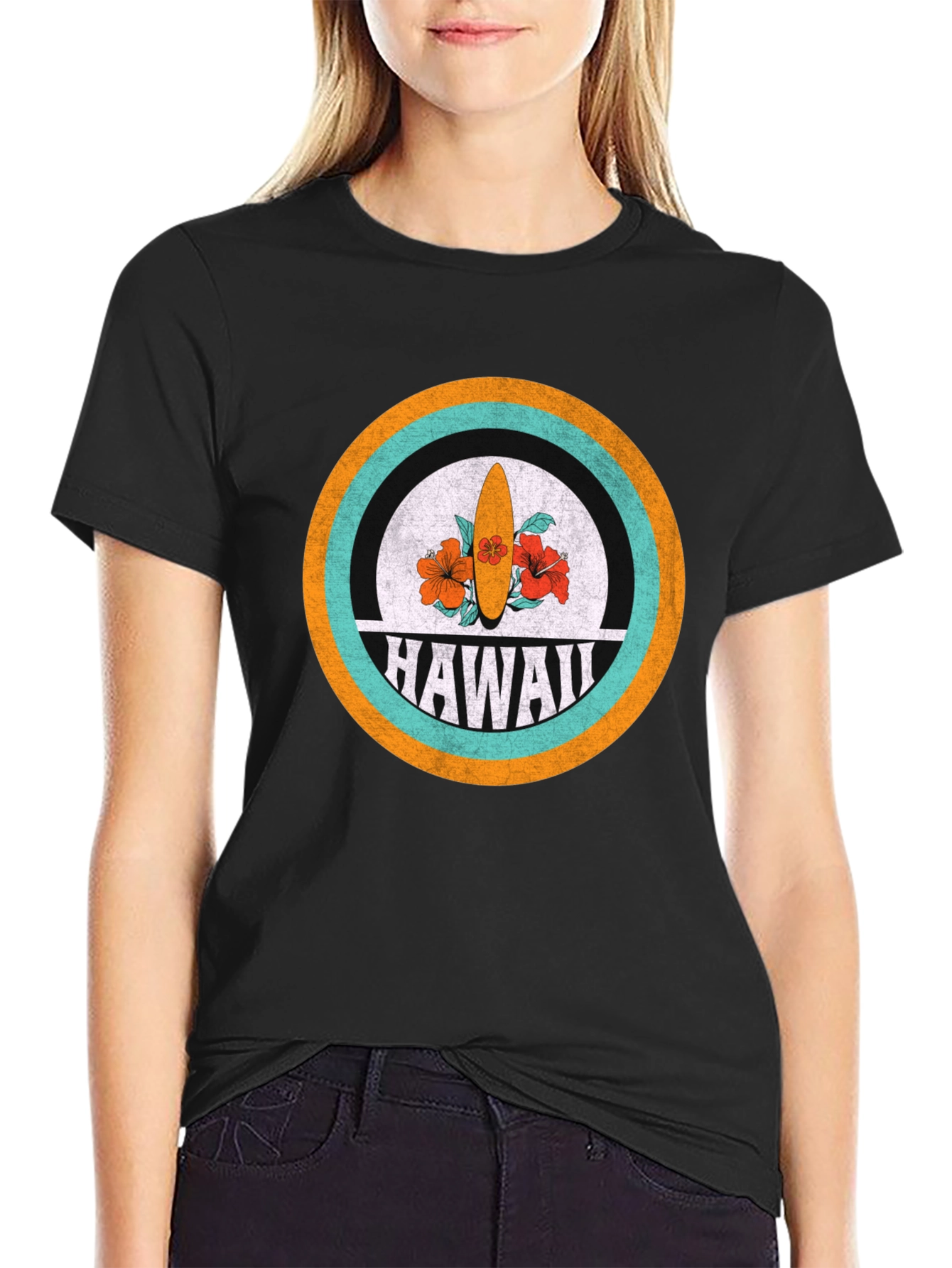 Black Hawaii Surfboard Graphic Tee - Retro Style view 2