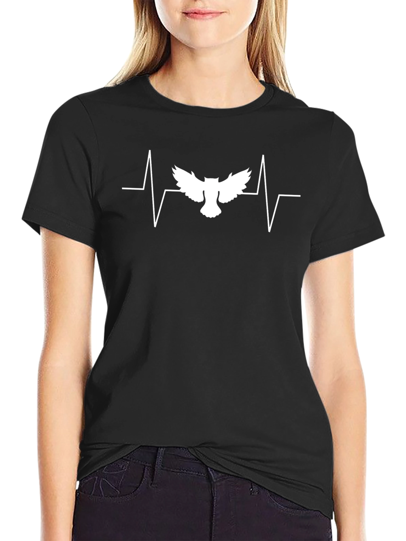 Black Owl Heartbeat Graphic Tee - Unique Bird Lover T-Shirt view 2