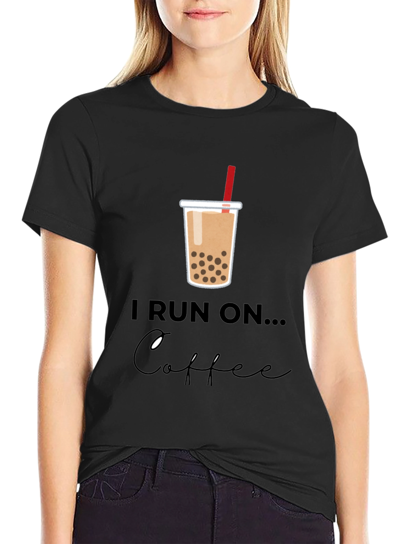 Black I Run on Boba Bubble Tea Graphic T-Shirt view 2