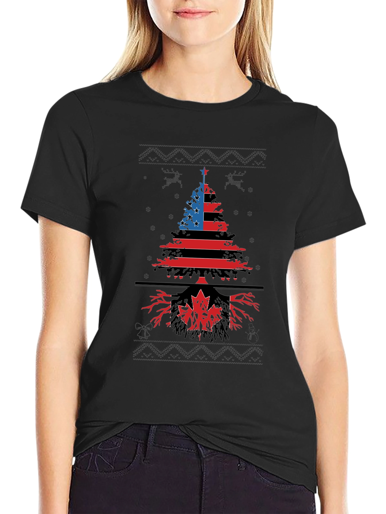 Black USA Canada Roots Christmas Tree Graphic Tee view 2