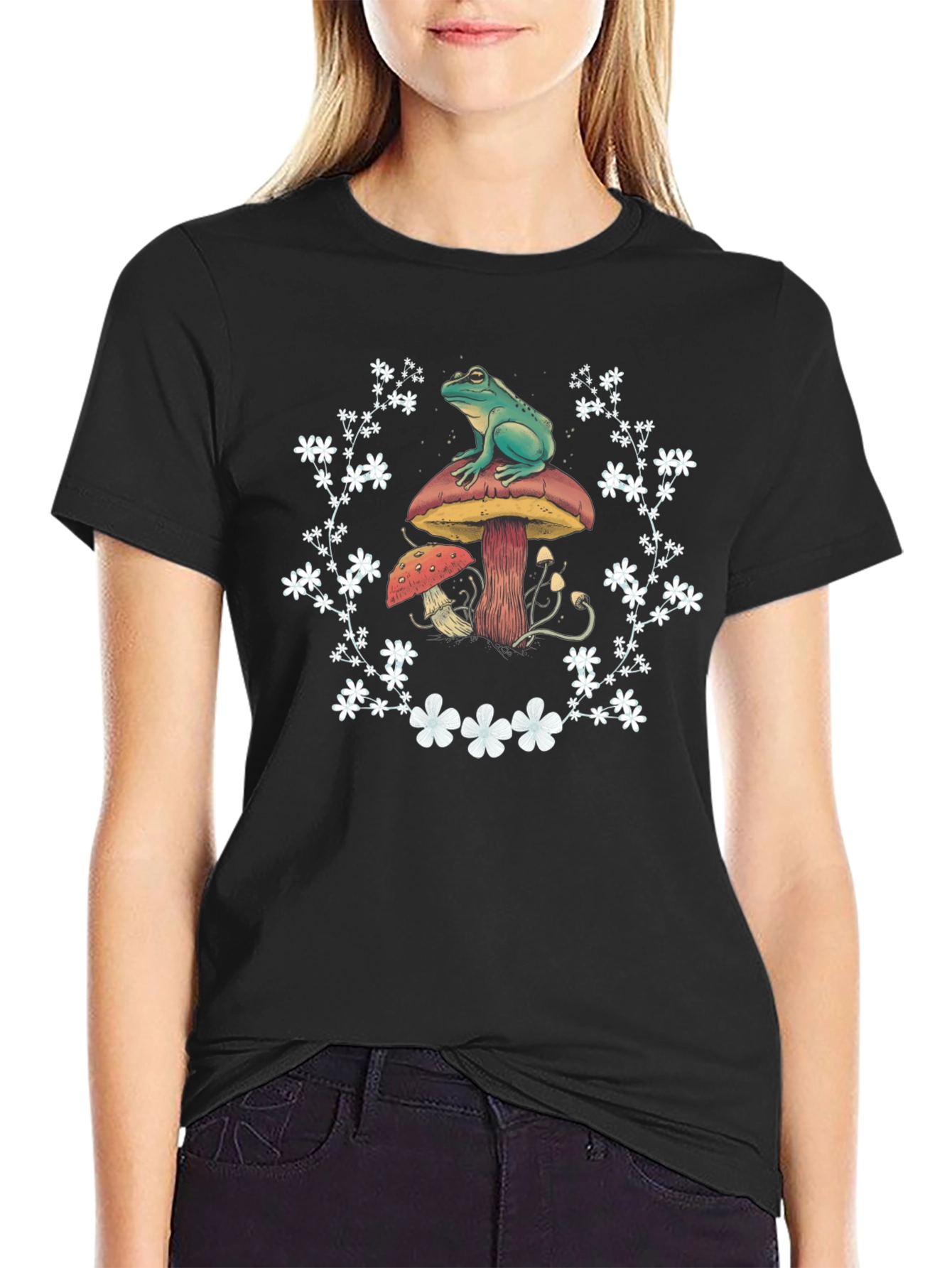 Black Frog and Mushroom T-Shirt - Unique Graphic Tee view 2