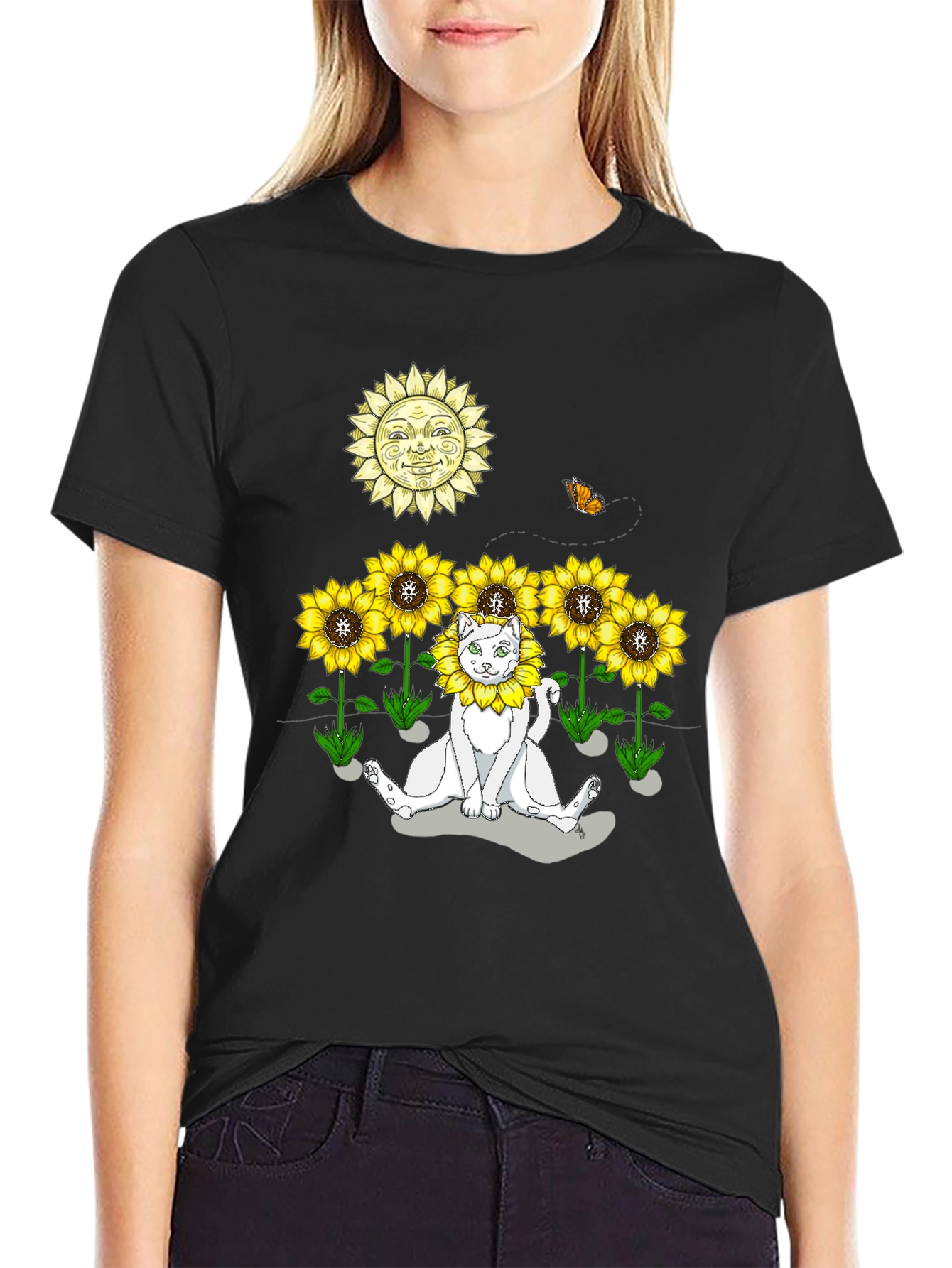 Black Sunflower Cat Graphic Tee - Black view 2