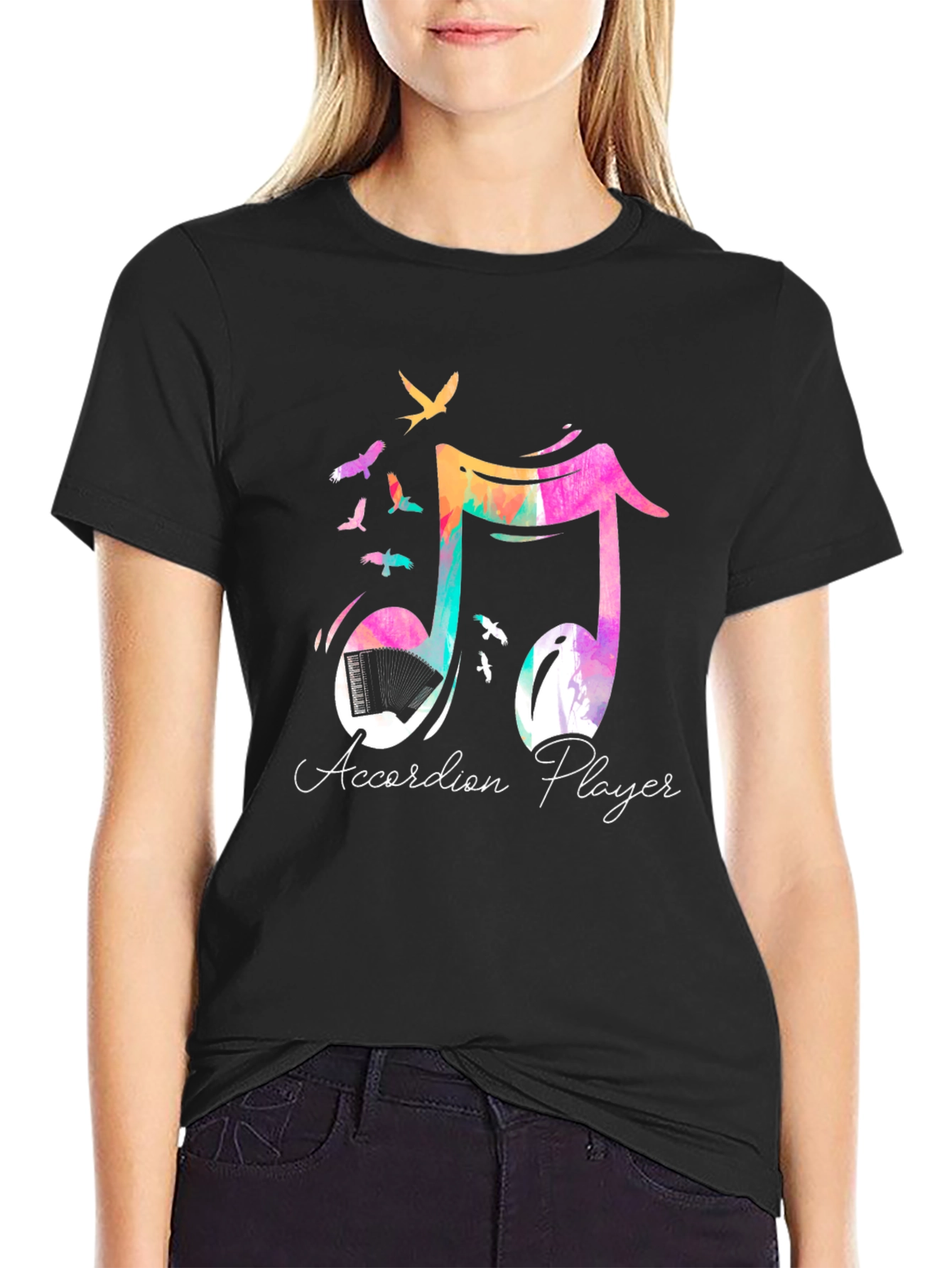 Black Accordion Player Musical Note Graphic Tee view 2