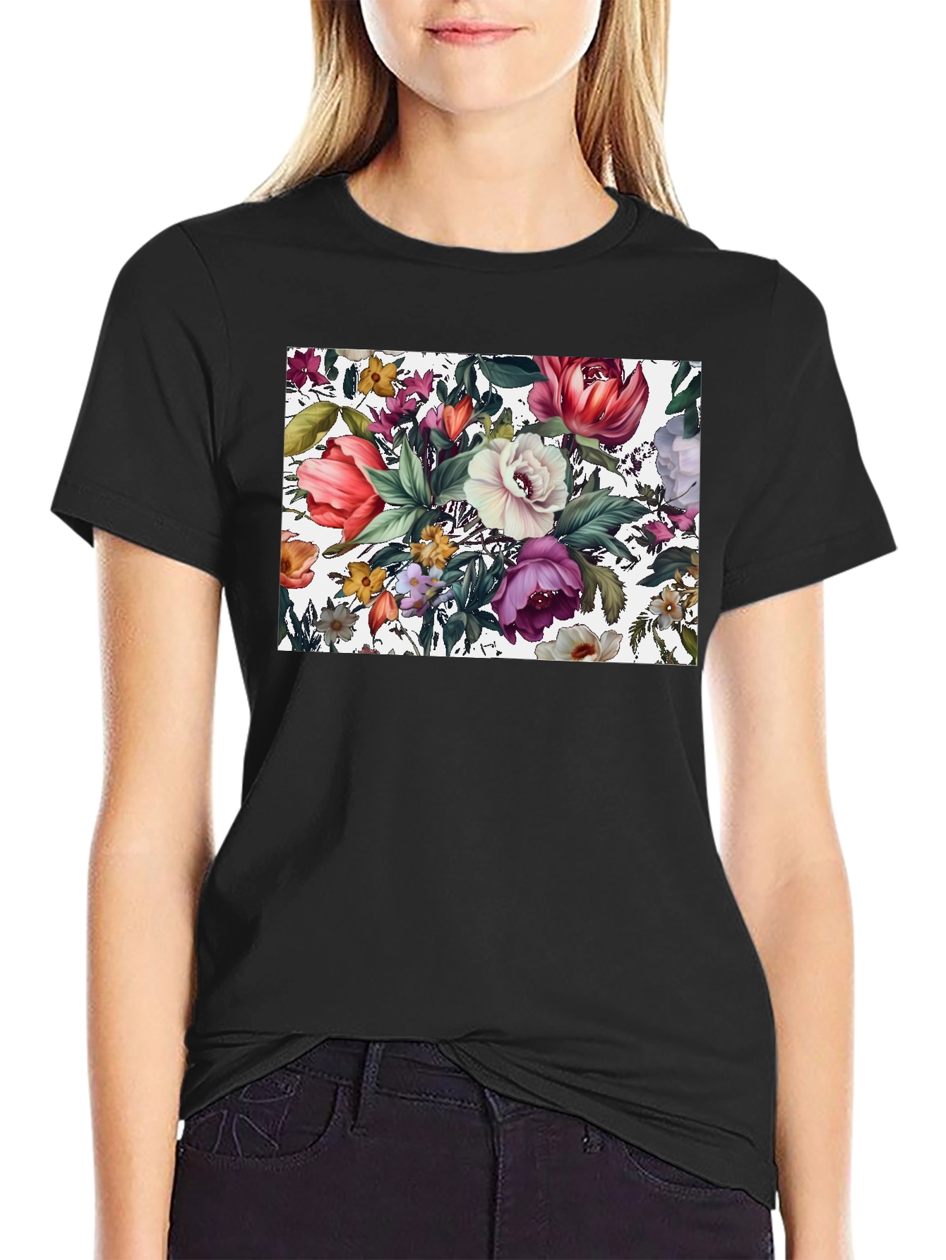Black Floral Print Black T-Shirt view 2