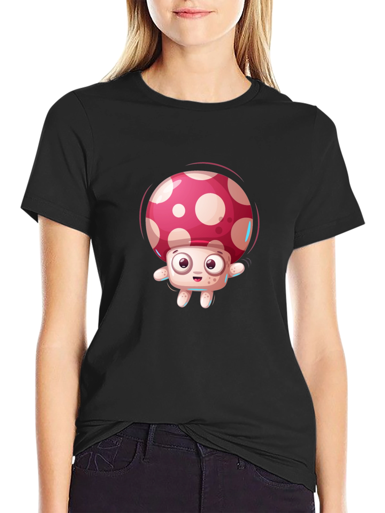 Black Cartoon Mushroom Graphic Tee - Black Casual Top view 2