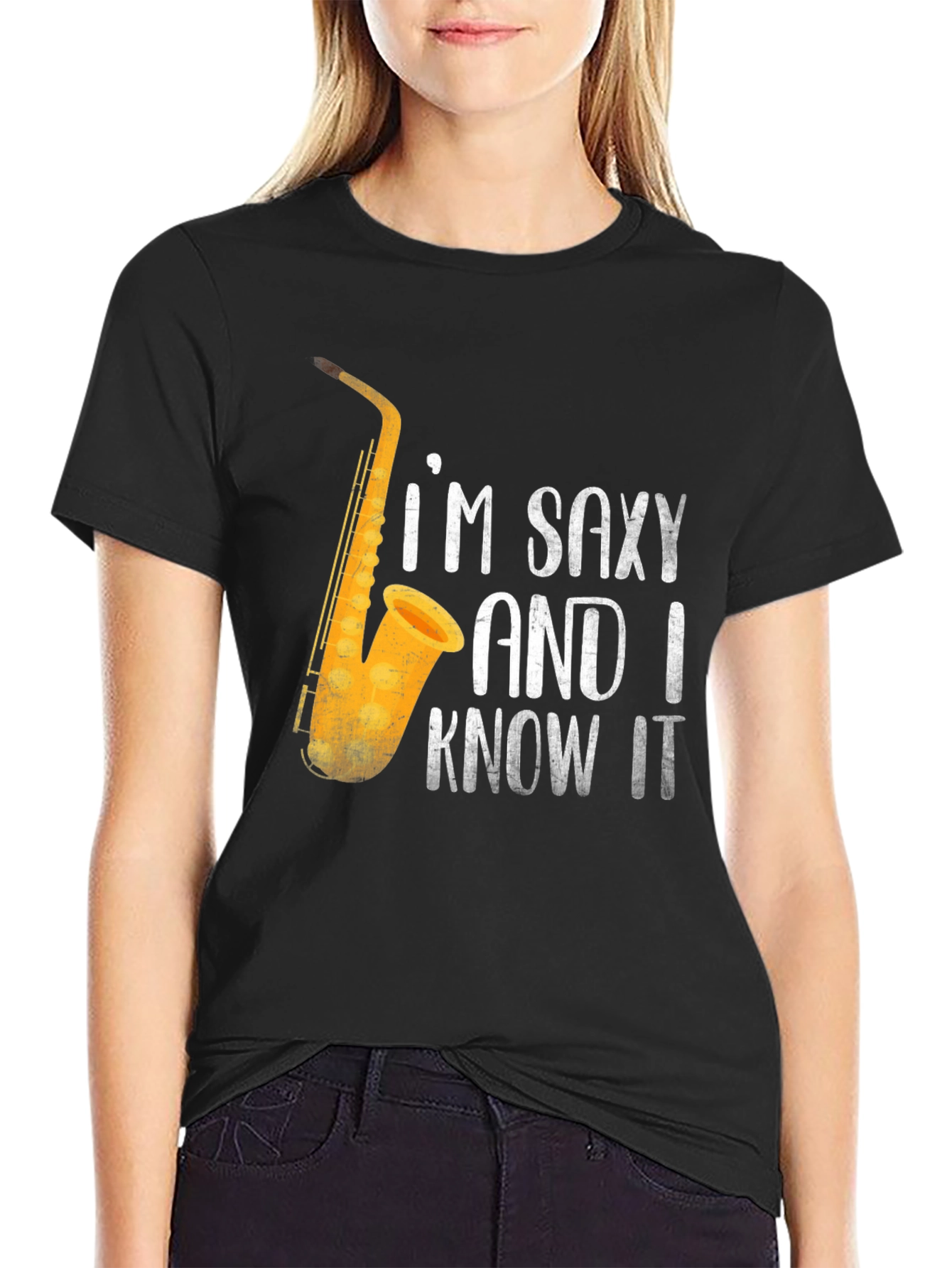 Black Saxy & I Know It T-Shirt | Funny Saxophone Player Tee view 2