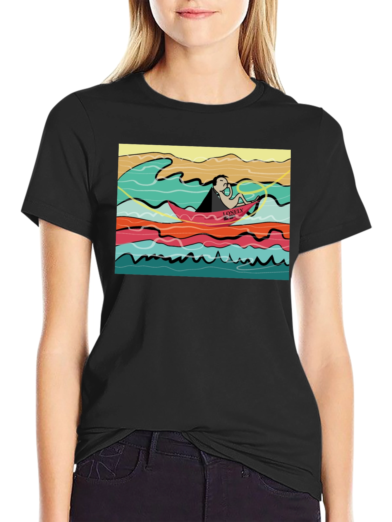 Black Lonely Boat Graphic Tee - Black Cotton T-Shirt view 2