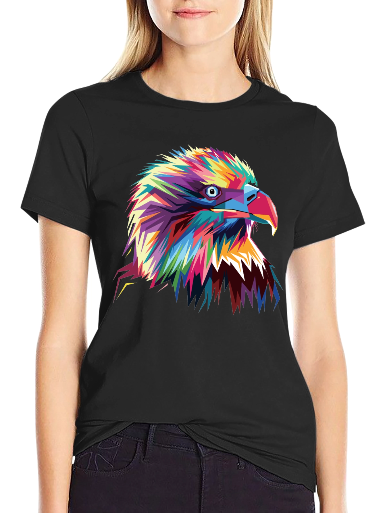 Black Vibrant Eagle Graphic Tee - Bold Colorful Bird Art view 2
