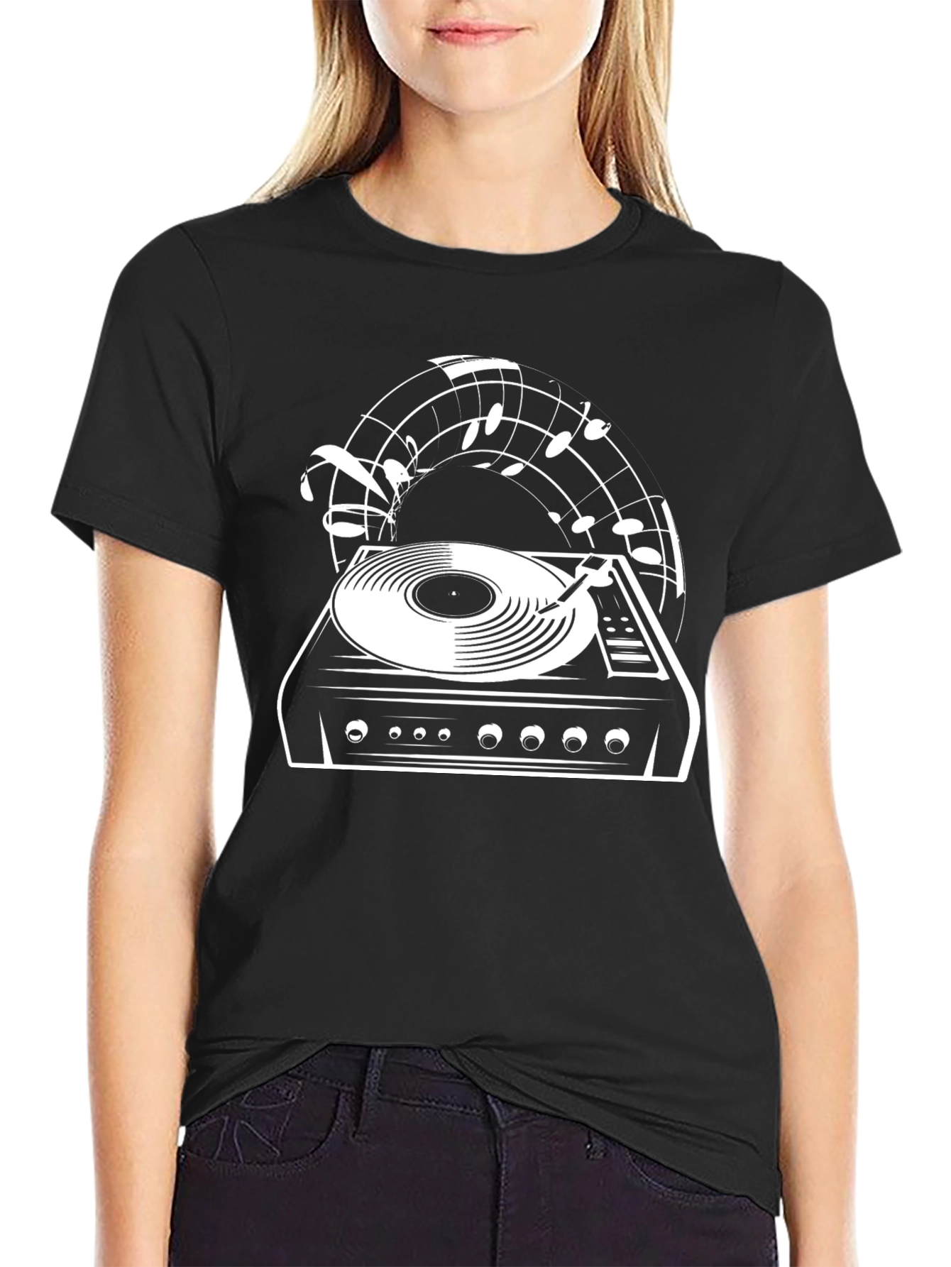 Black Retro Turntable Music Lover Black T-Shirt view 2