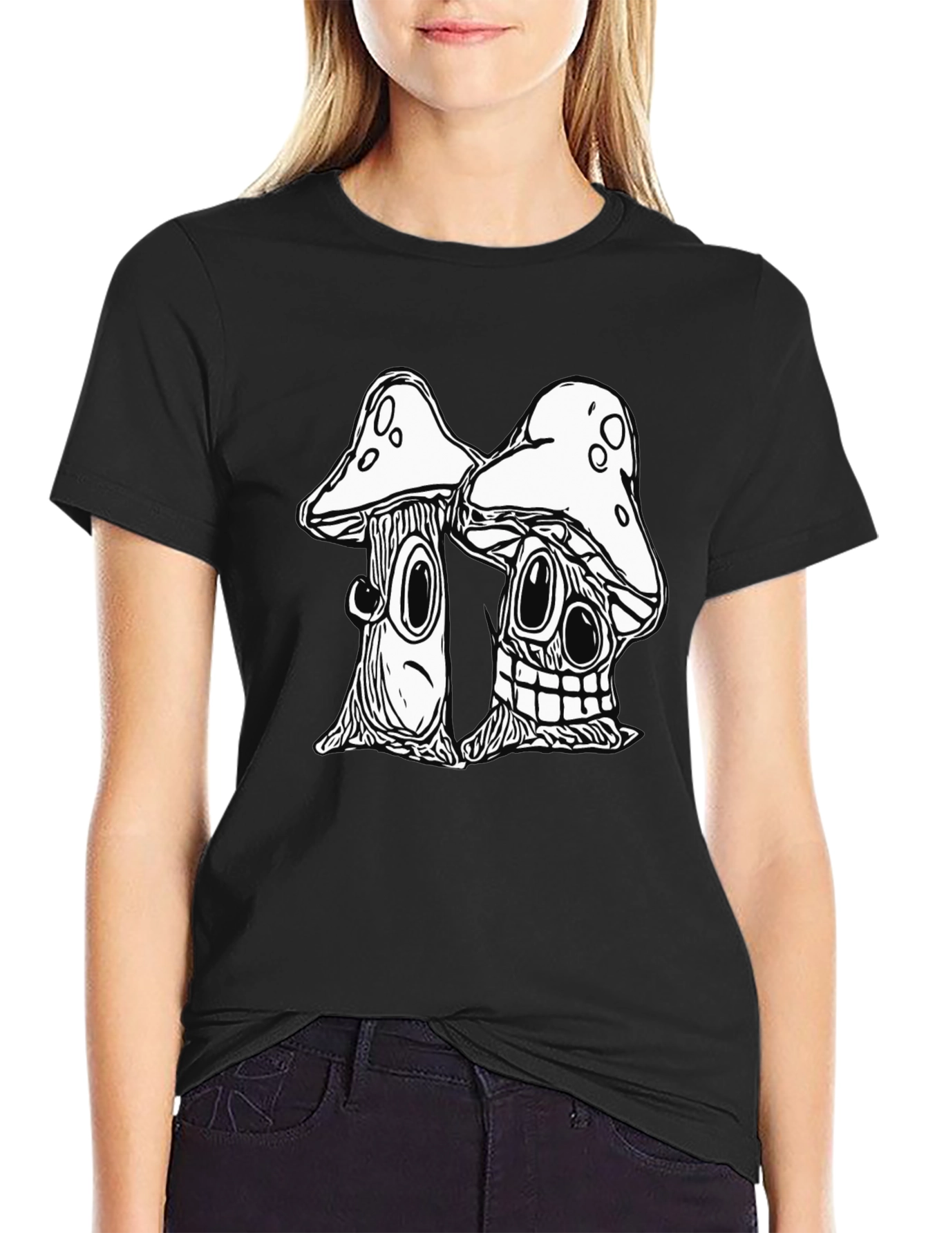 Black Mushroom Cartoon Graphic Black T-Shirt view 2